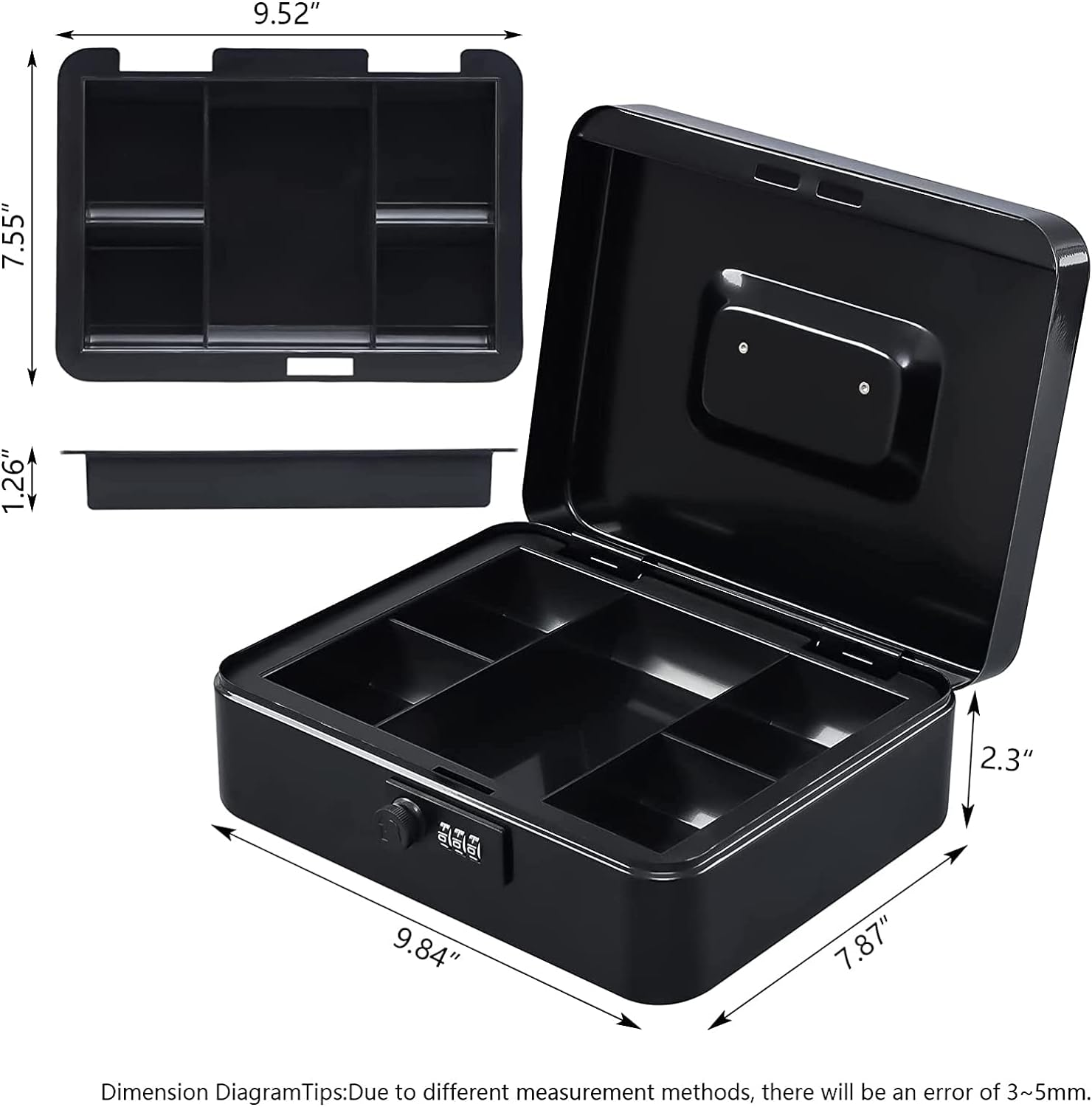Cash Box with Combination Lock Safe Metal Money Box with Money Tray for Security Lock Box Black