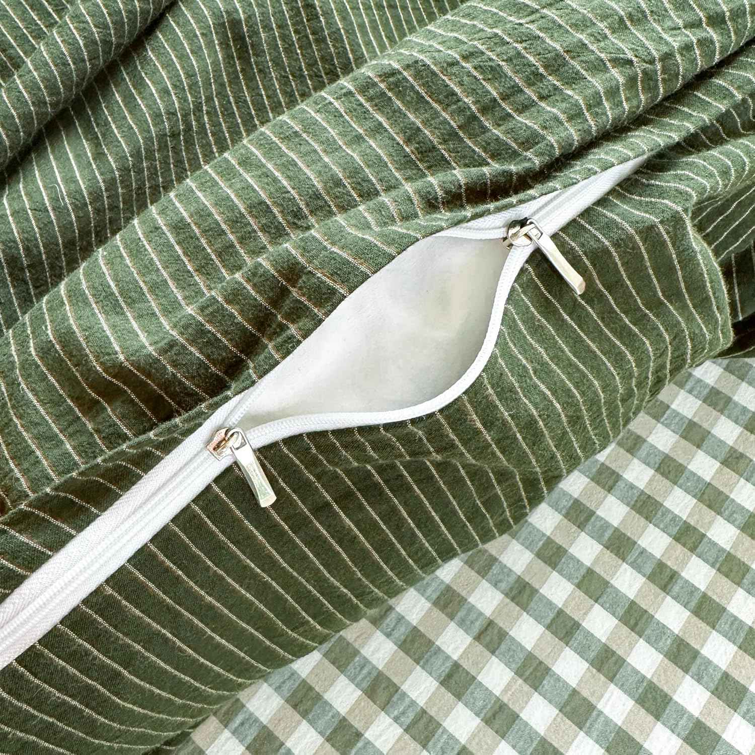 Pinkmemory Olive Green Striped Duvet Cover Queen 100% Washed Cotton Dark Green Stripe Duvet Cover Set Full 3Pcs Pinstripe Pattern Bedding Set with Zipper Closure Corner Ties,Soft Breathable