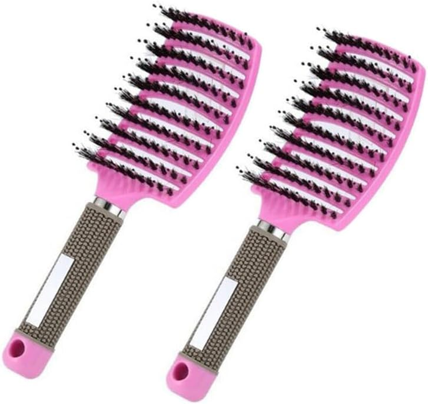 Leona Co 2Pcs Hair Brush, Detangling Hairbrush Boar Bristle Curved Vented Hair Brush for Women Men Kids Curly Thick Long Short Wet or Dry Hair, Faster Blow Drying (Black)