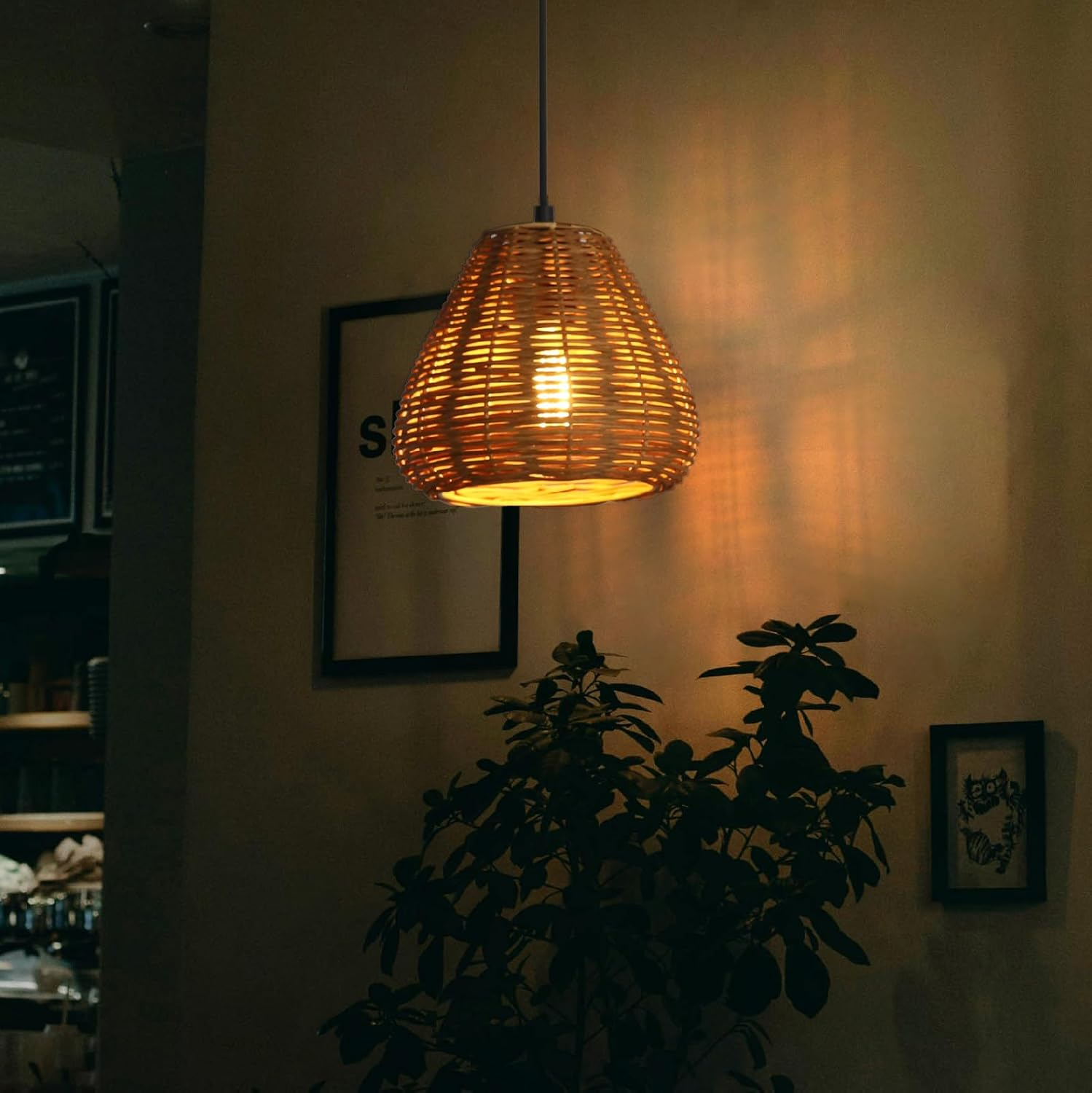 Round Rattan Lampshade Boho, Stylish Upgrade Lampshade for Table Lamp, Hanging and Floor Lamp, All Indoor Spaces (Black, 14 Cm Diameter 15 Cm Height) image number 2