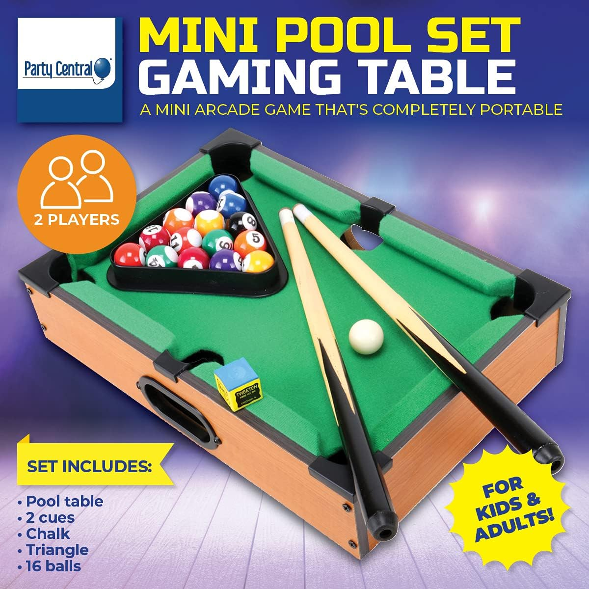 Party Central Kids Mini Pool Table Set, Compact and Portable Billiards Game for Children, Includes Balls, Cues, and Accessories, Fun Indoor Activity for Family and Friends image number 2