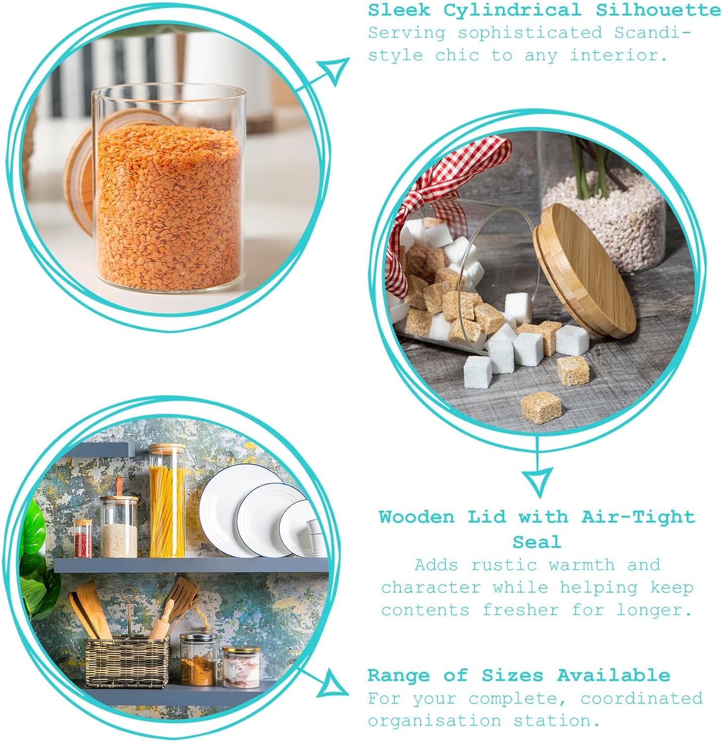 Argon Tableware Scandi Storage Jars with Wooden Lids - 750Ml - 3 Pack - Modern round Organisation Container Glass Jar for Kitchens, Pantry, Bathrooms, Utility Rooms - Clear image number 3