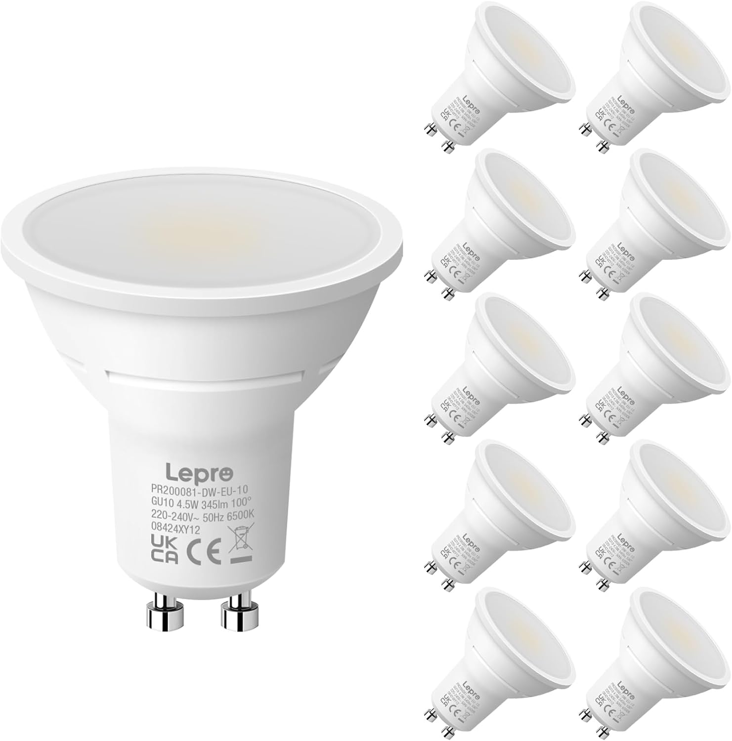 Lepro GU10 LED Bulbs, Cool White 6500K, 4.5W 345Lm Daylight Led Bulbs, No Flickering, 50W Halogen Bulb Equivalent, Non-Dimmable Energy Saving Light Bulbs, 100&deg; Wide Beam, 10 Packs image number 6