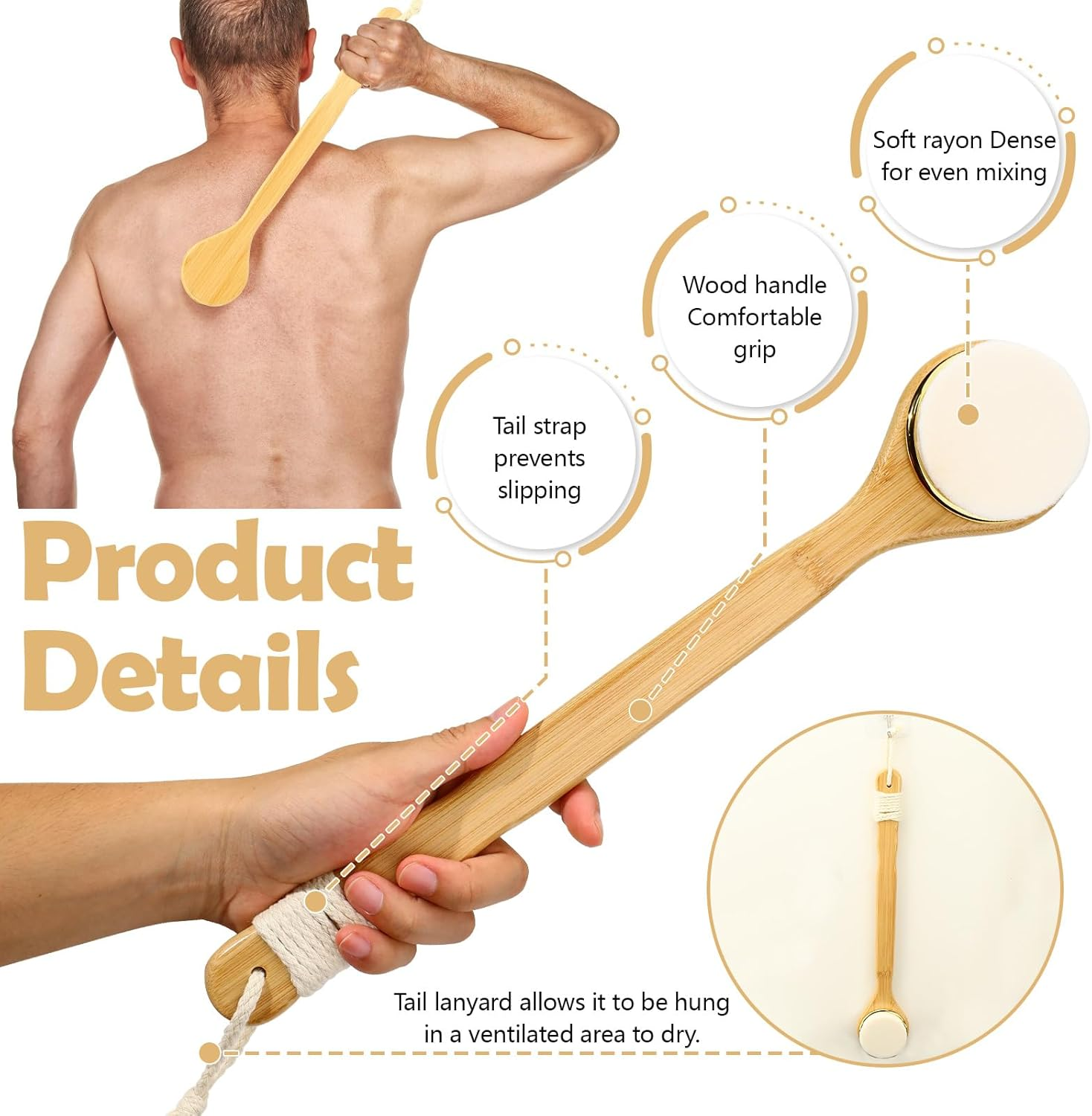 Sekonow Lotion Applicator for Back, Self Tanner Brush with Wood Long Handle, Super Soft Bristles Back Tanning Applicator for Sunless Tanner Sunscreen Cream Body Lotion, White