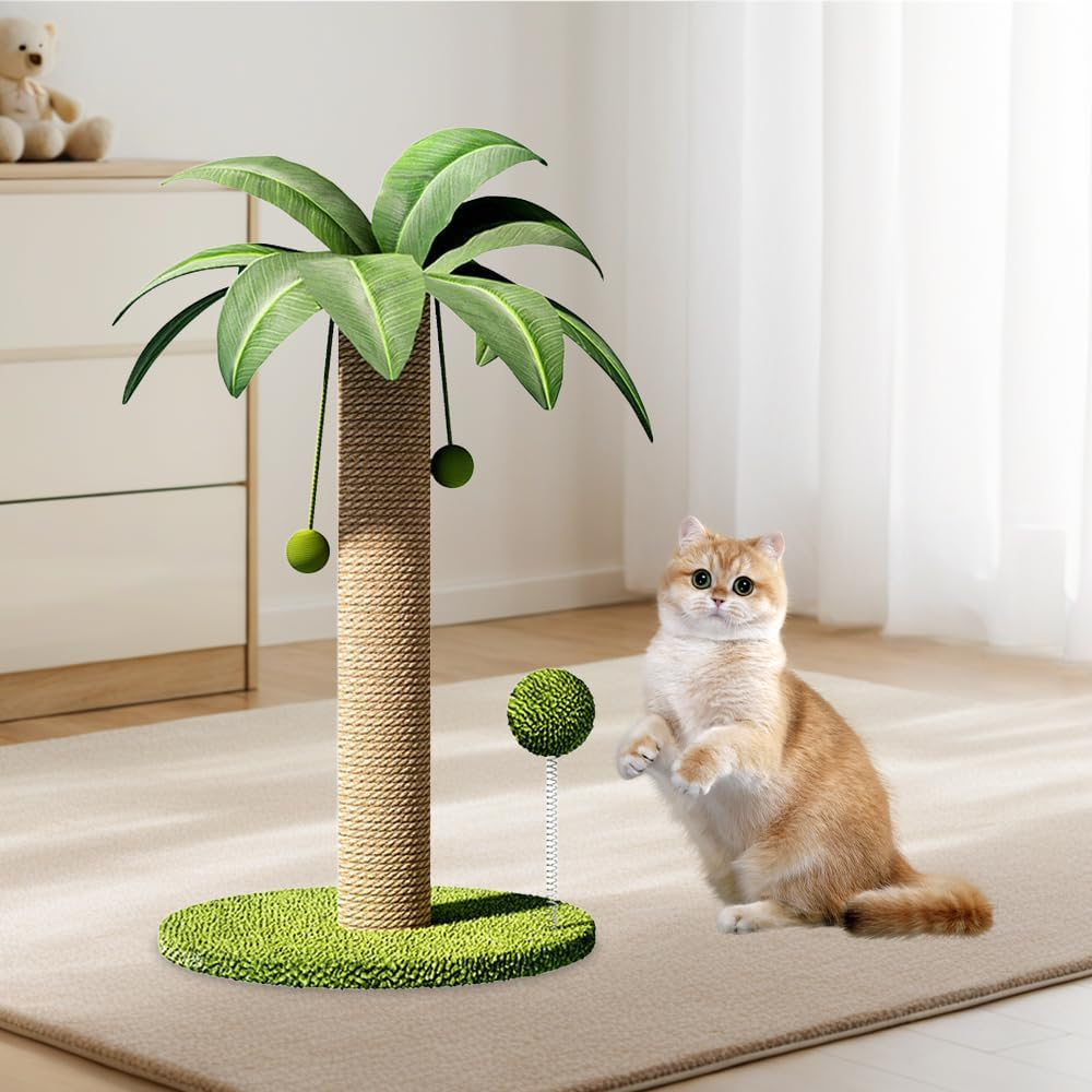 Coconut Tree Cat Scratching Post, Sisal Rope Pussy Pillar, Interactive Mog Tree, Stable Wide Base & Fun Hanging Balls, for All Cats image number 3