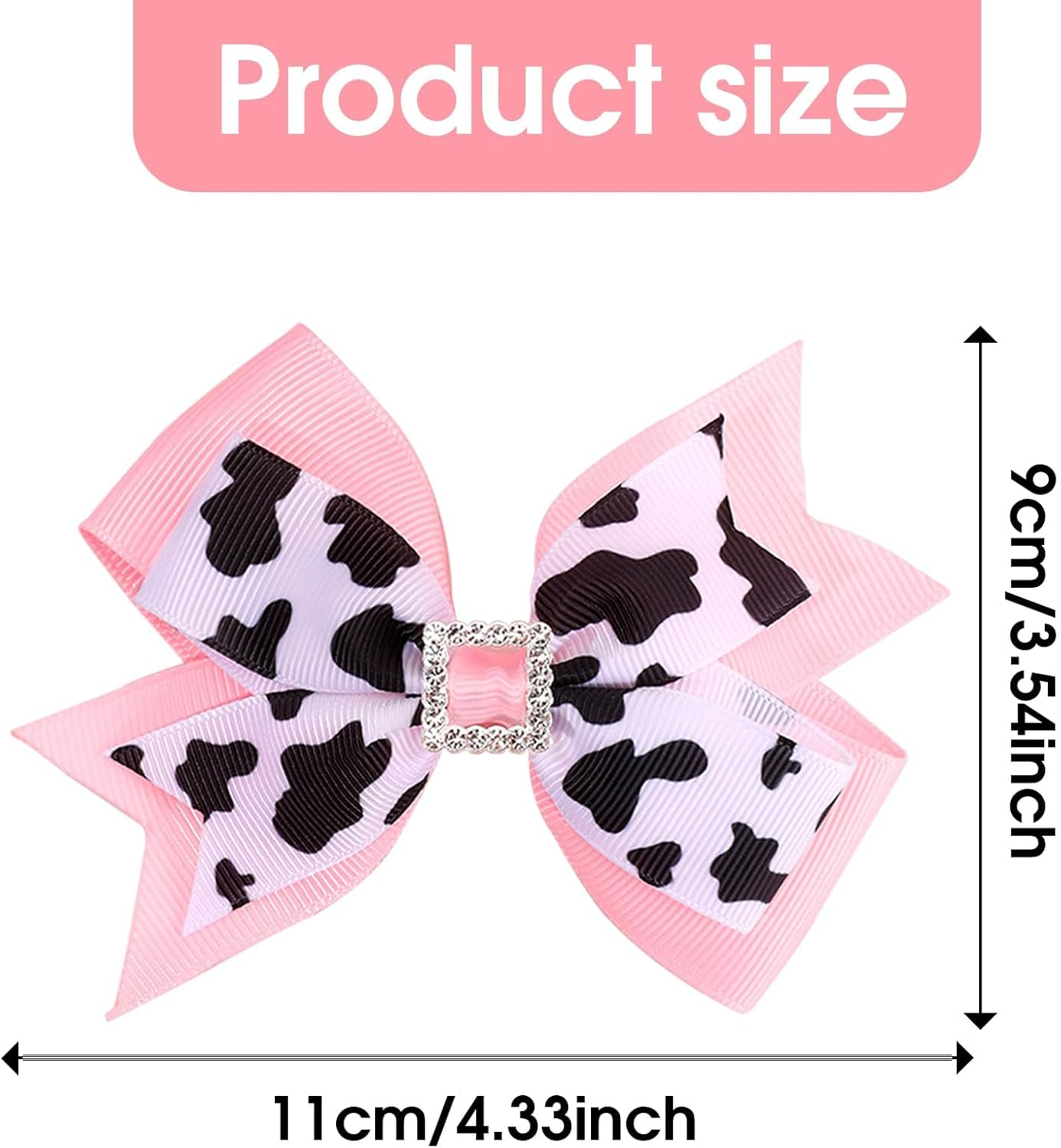 JDFHFGB 2 Pcs Cute Bowknot Hair Clips, Pink Hairpin with Cow Print and Bling Rhinestone Decorated Hair Accessories Clips for Baby Grils Teen Women ，- 4.3" Alligator Barrettes with Ribbon Bows for Cowgirl Parties image number 2