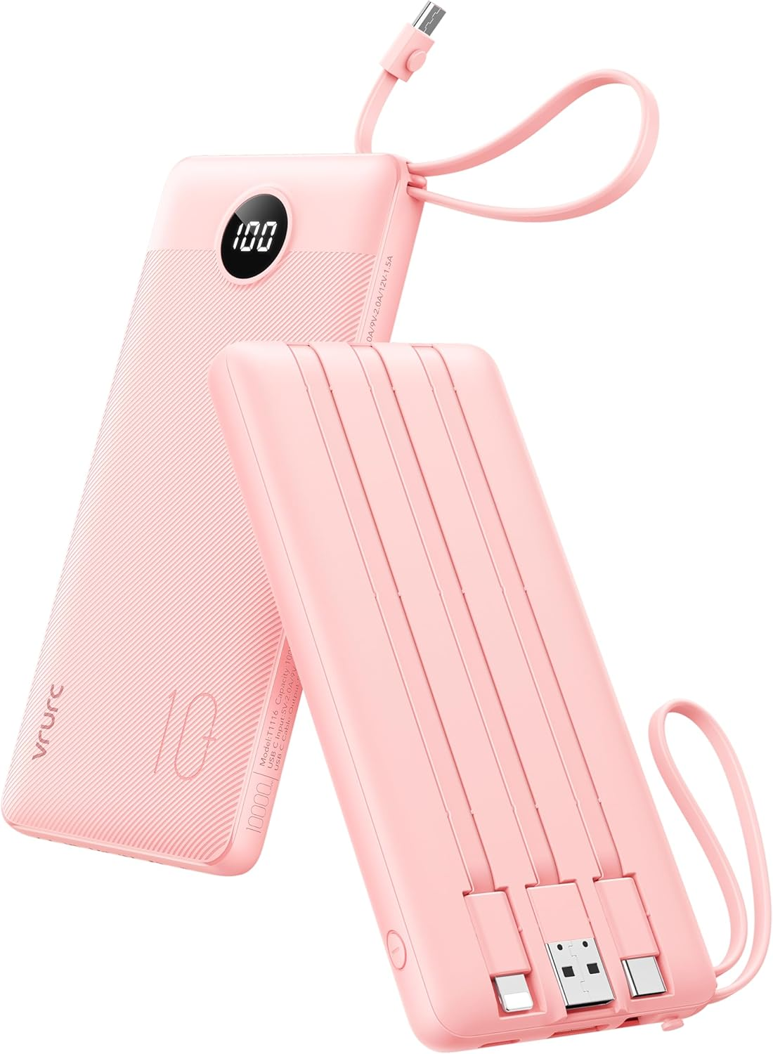 Portable Charger 10000Mah,Vrurc Power Bank with Built-In Cables, 5 Output 2 Input Cell Phone Battery Pack, Slim LED Display, USB C Phone Charger Compatible with Iphone,Samsung,Android Etc-Pink - Green image number 7