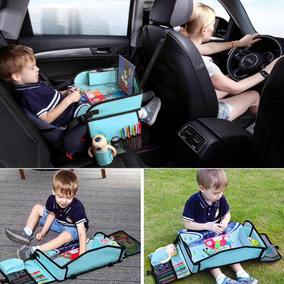 Cyanmor Kids Car Storage Travel Tray, Toddler Car Seat Tray Play Table Rack, Portable Multi-Functional Back Seat Accessory for Kids Traveling (Dark Blue) image number 6
