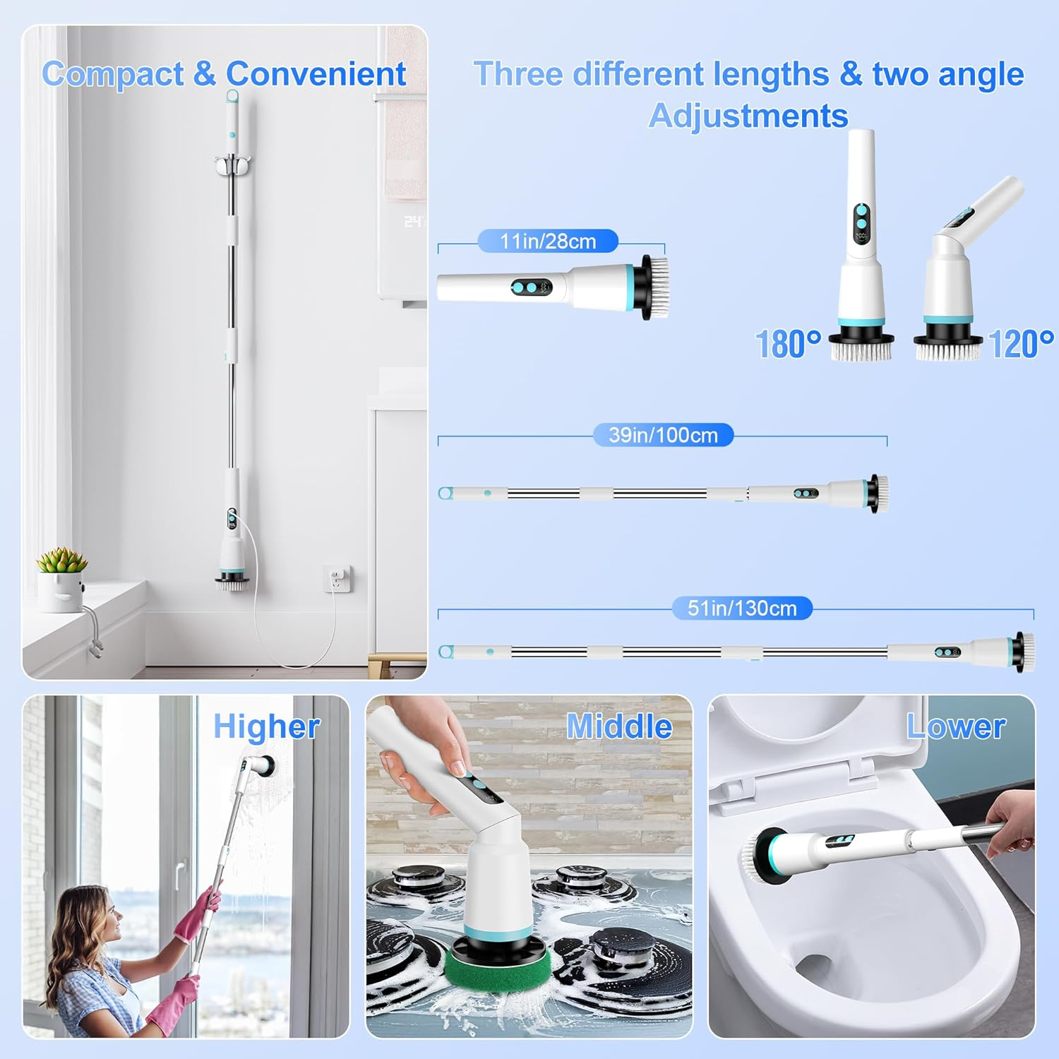 Kliburash Electric Spin Scrubber with Remote Control, IPX7 Cordless Cleaning Brush with 8 Brush Heads, 2 Adjustable Angles, Long Handle Power Scrubber for Bathroom, Shower,Bathtub,Floor-White