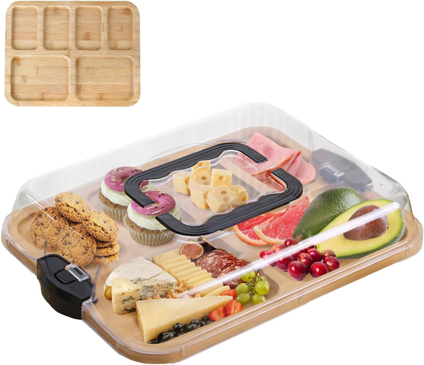 Premium Charcuterie Board Cheese Bamboo Board with Locking Lid Travel Cheese Board with Handle Snack Tray for Picnic Party Camping House Warming Gifts image number 5
