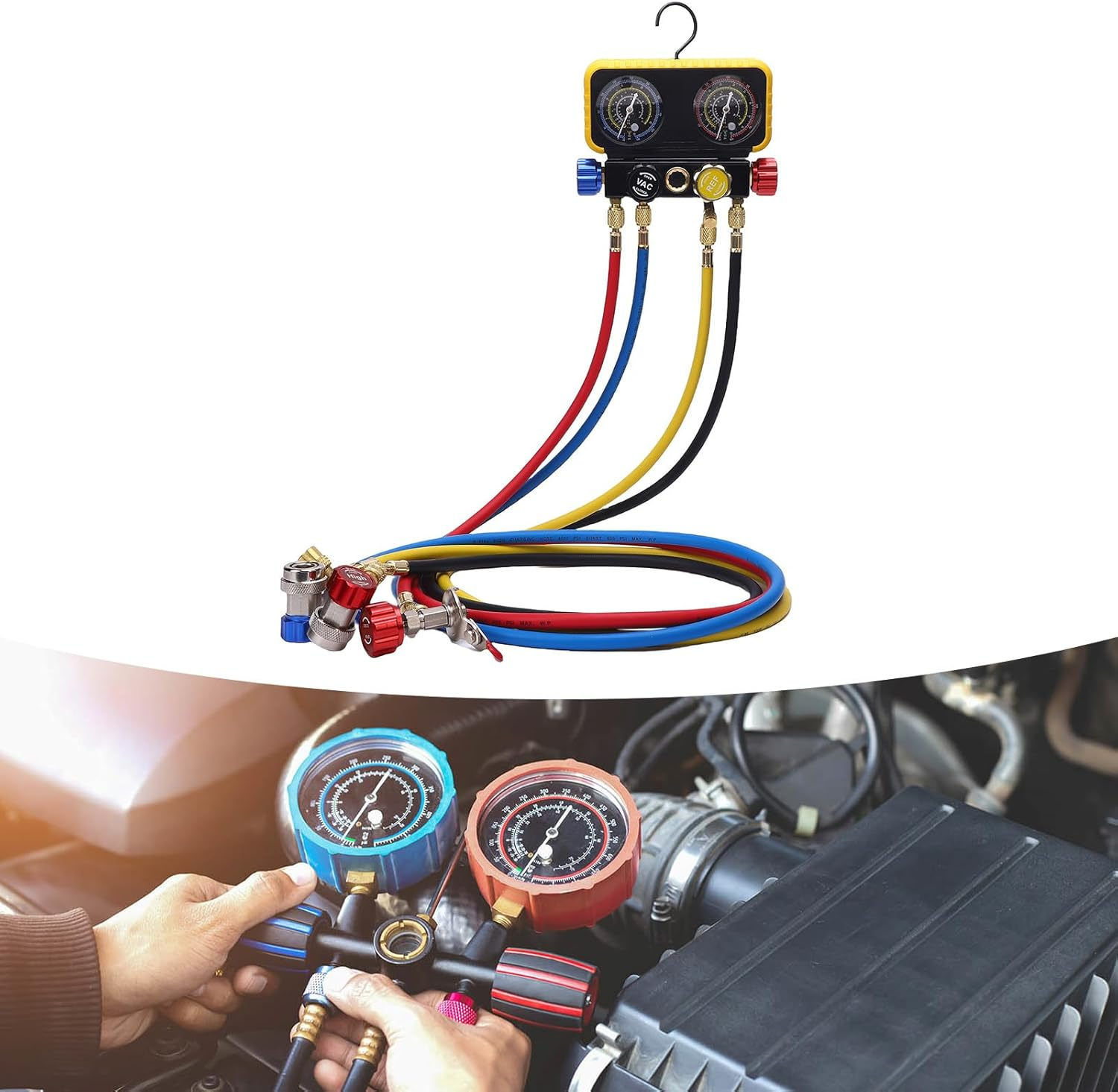 4 Way Heavy Duty Brass Manifold Gauges Set, HVAC Gauges with Hoses 4 Way Heavy Duty Brass Manifold Set Replacement for R410A R32 R134A R22 Refrigerants image number 4