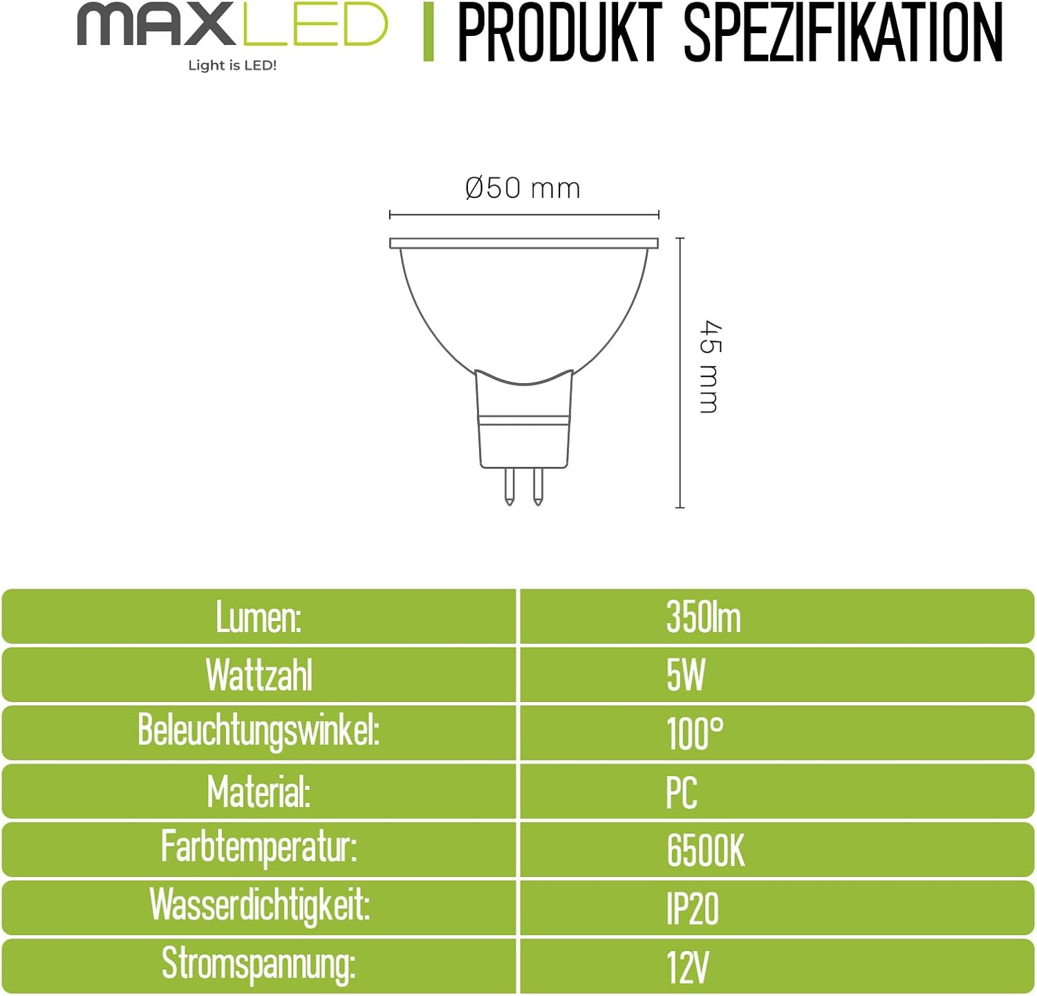 GU5.3 MR16 LED Bulbs 5 W, Replace 60 W Halogen Bulbs, Cool White 65000 K, 350 LM, 12 V AC/DC, Not Dimmable, Beam Angle 100 Degree Spot Flicker-Free Spotlight Bulbs, Pack of 10 image number 2
