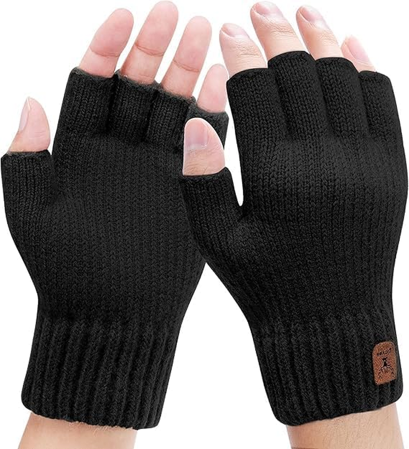 Fingerless Gloves 1 Pair Thermal Winter Gloves Warm Knitted Half Finger Gloves Mittens for Men Women Typing Driving Working (Black) image number 2