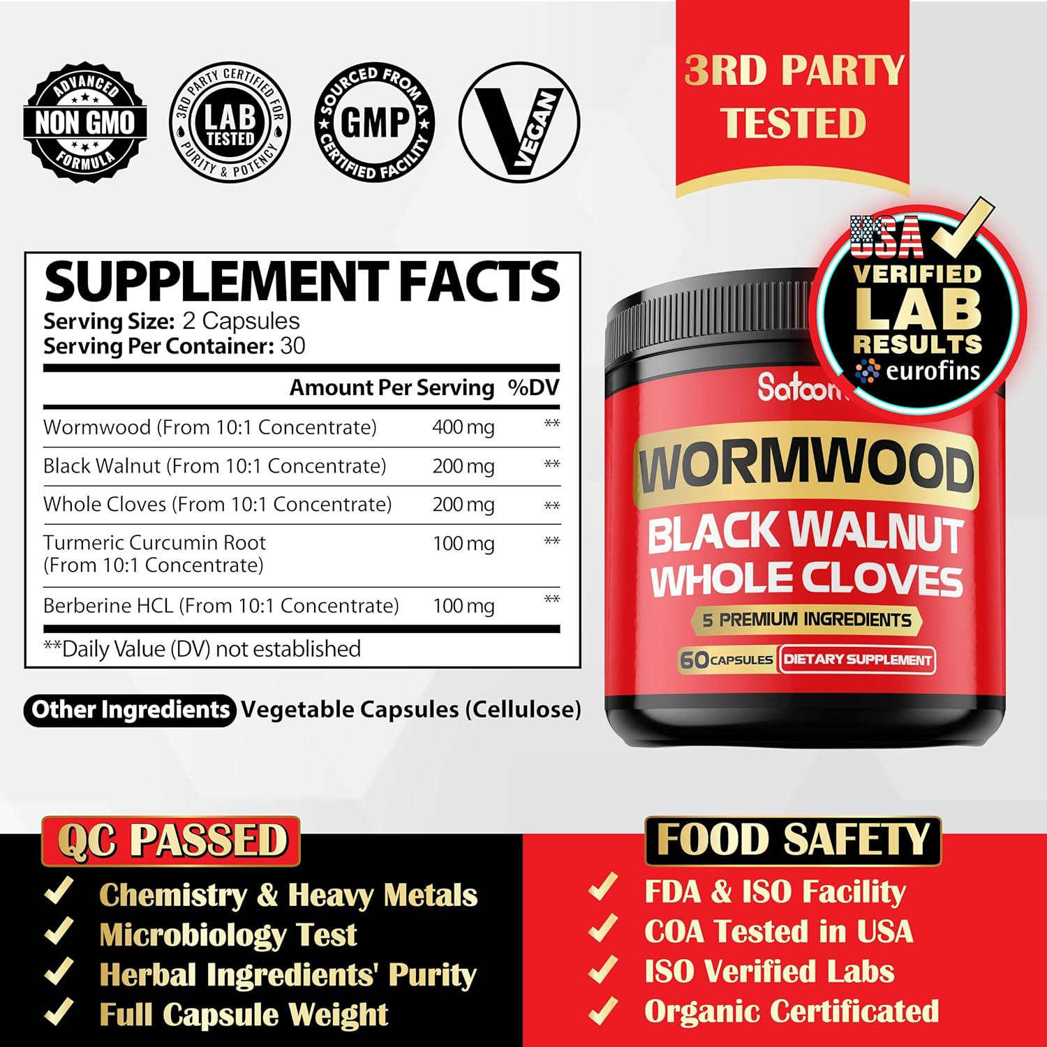 5 in 1 Wormwood Capsules Supplement - Extracted from Black Walnut, Whole Cloves, Turmeric and Berberine Hcl - Immune System & Digestion Health - 60 Capsules