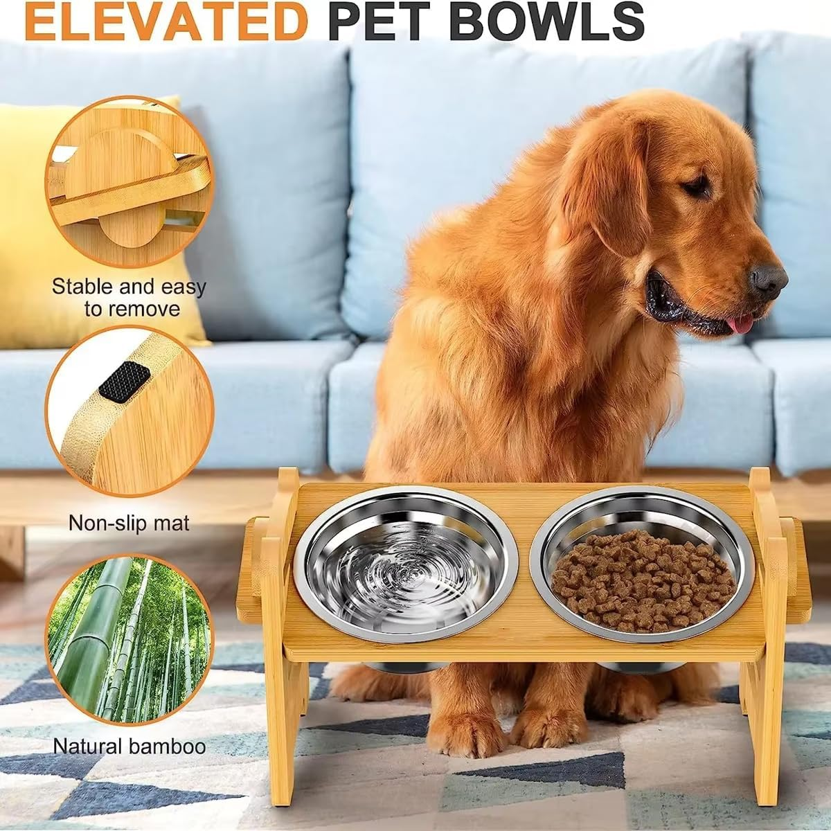 AIMALL Elevated Bamboo Pet Feeder with Two Stainless Steel Bowls, Adjustable Height for Dogs and Cats, Non-Slip Base, Easy-To-Clean Removable Bowls, 16.73 X 6.29 Inches, Sturdy