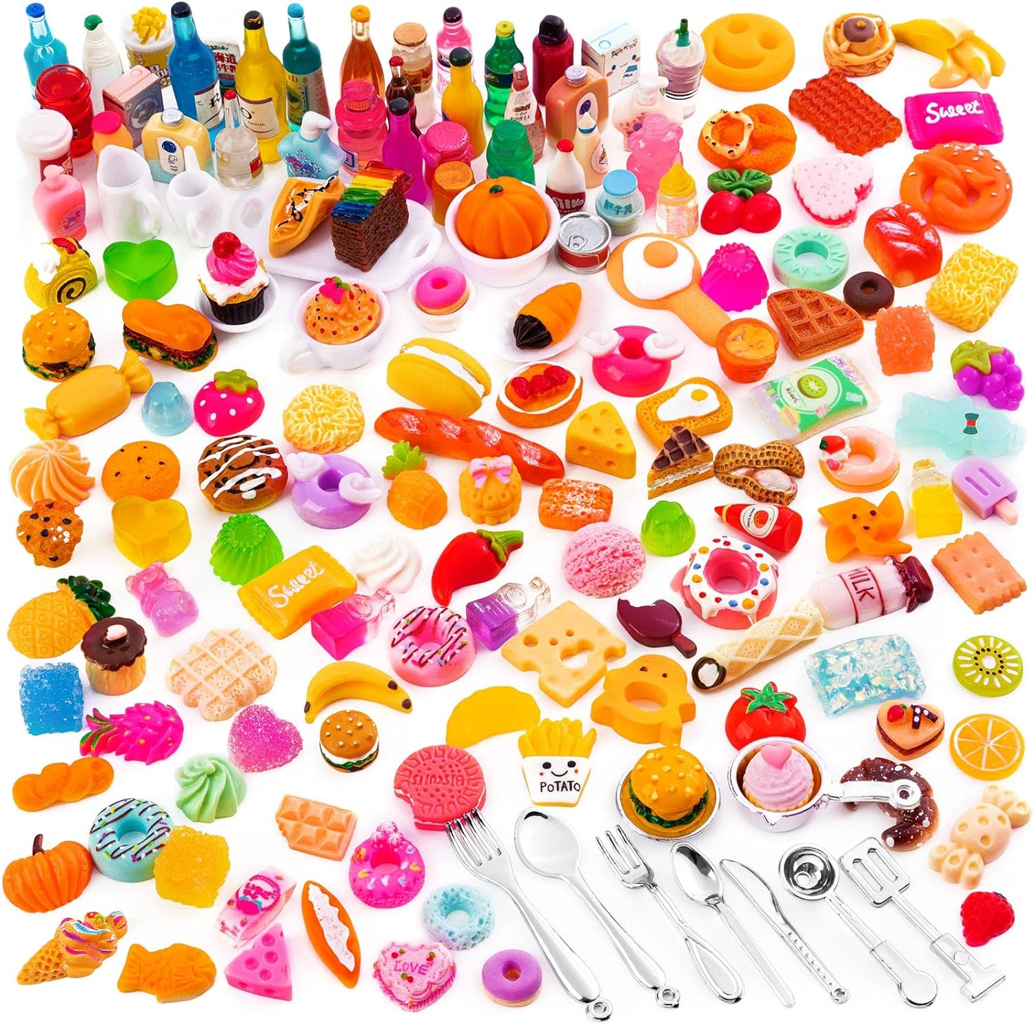 163 PCS Minitature Food Drink Bottles Toys, Mixed Resin Pretend Play Tiny Food Sets, Tableware Hamburg Cake Ice Cream Milk for Doll House Decoration Kitchen Cooking Game (1:12)