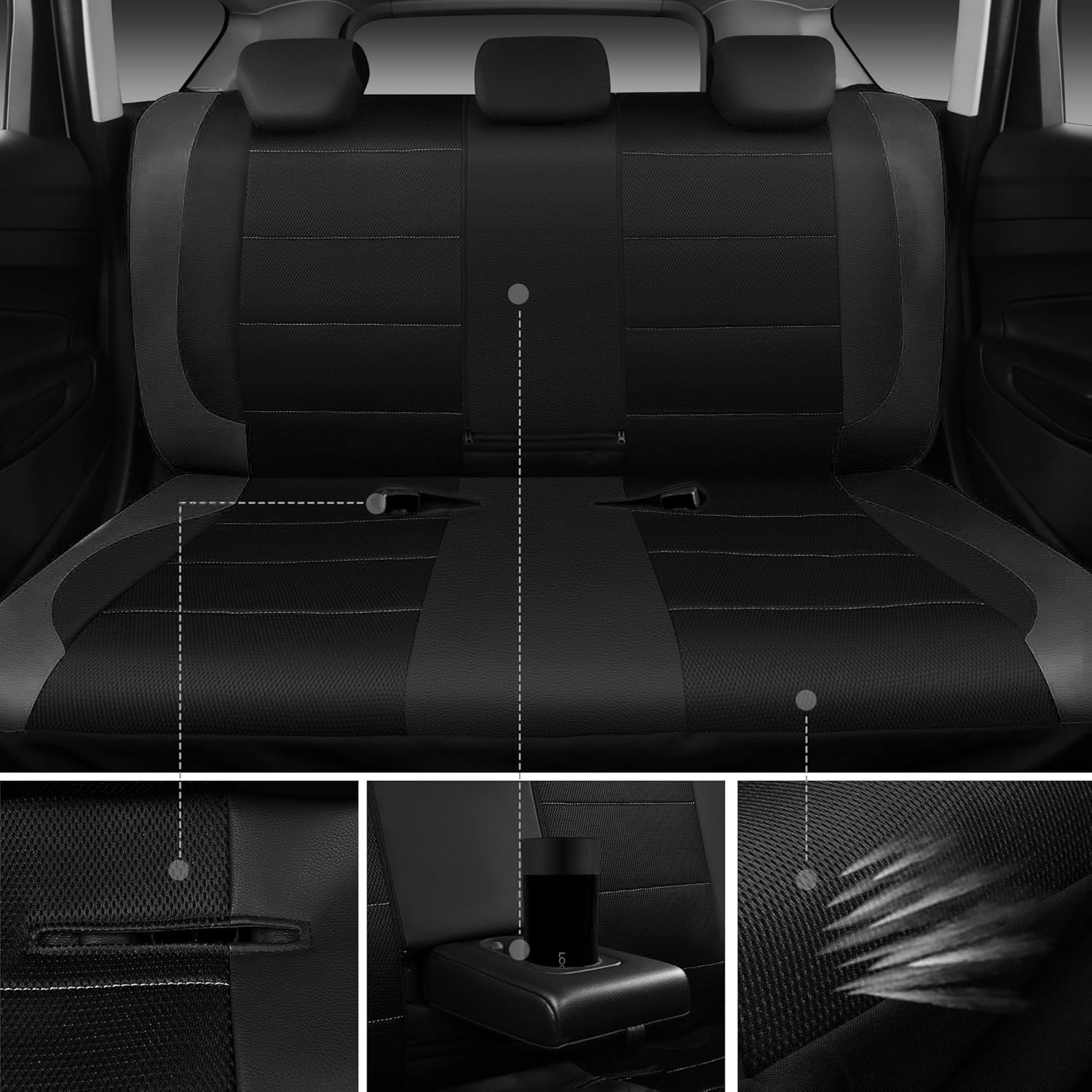 Leather Seat Cover, Sports Car Seat Cover with over 5Mm Composite Sponge Inside, Airbag Compatible with Most Suvs, Trucks, and Vans (Complete Set+2 Headrests (Black) - Black image number 4