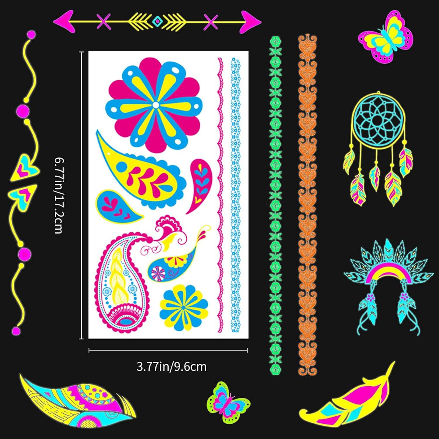 Glow in Dark Temporary Tattoo Stickers, 20 Sheets 170+Styles UV Neon Luminous Fluorescent Water Transfer Tattoos for Women, Men, Kids, Adults, Music Concerts, Raves, Festivals, Dark Party Supplies image number 1