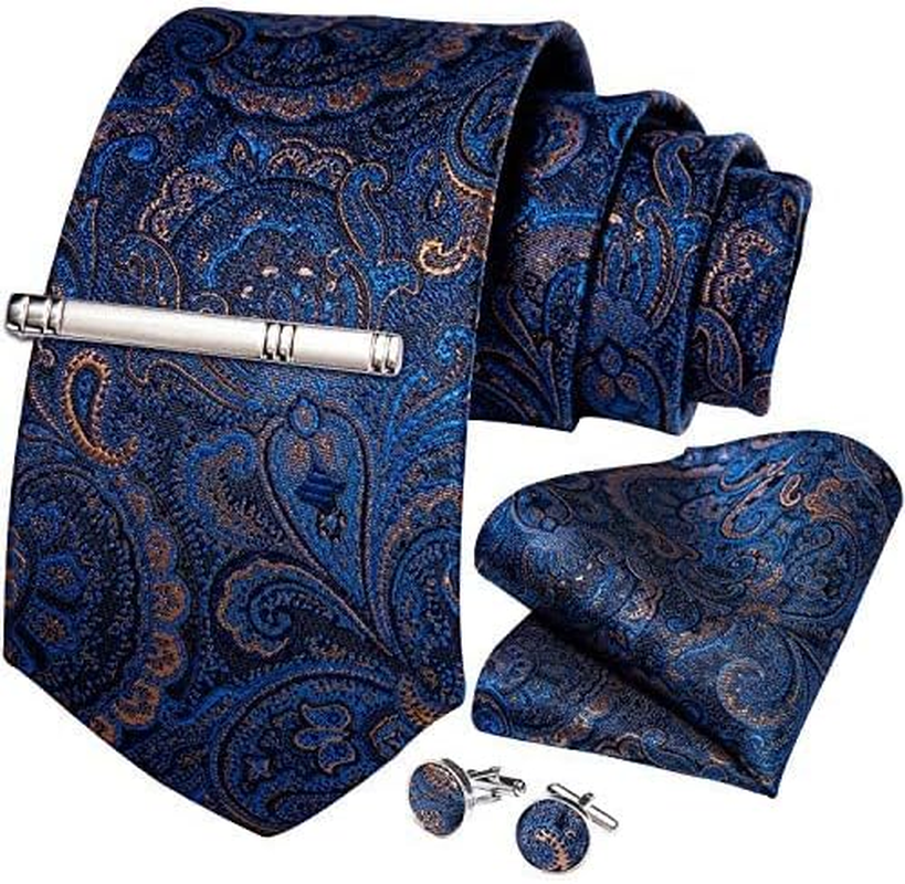 Dibangu Men'S Necktie Handkerchief Silk Paisley Floral Tie Pocket Square Cufflinks Tie Clip Set - 02 Coral image number 4