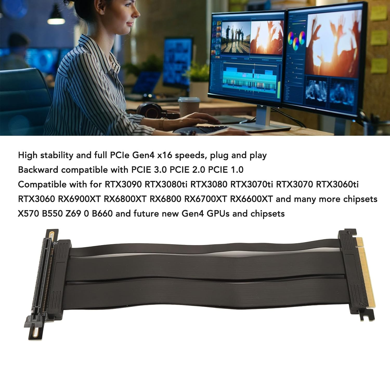 ASHATA Pcie4.0 X16 Riser Cable, 20Cm, Double Reverse, High Speed, Foldable, Compatible with RTX3090, RTX3080, RX6900XT, X570, B550, Z690, B660 image number 6