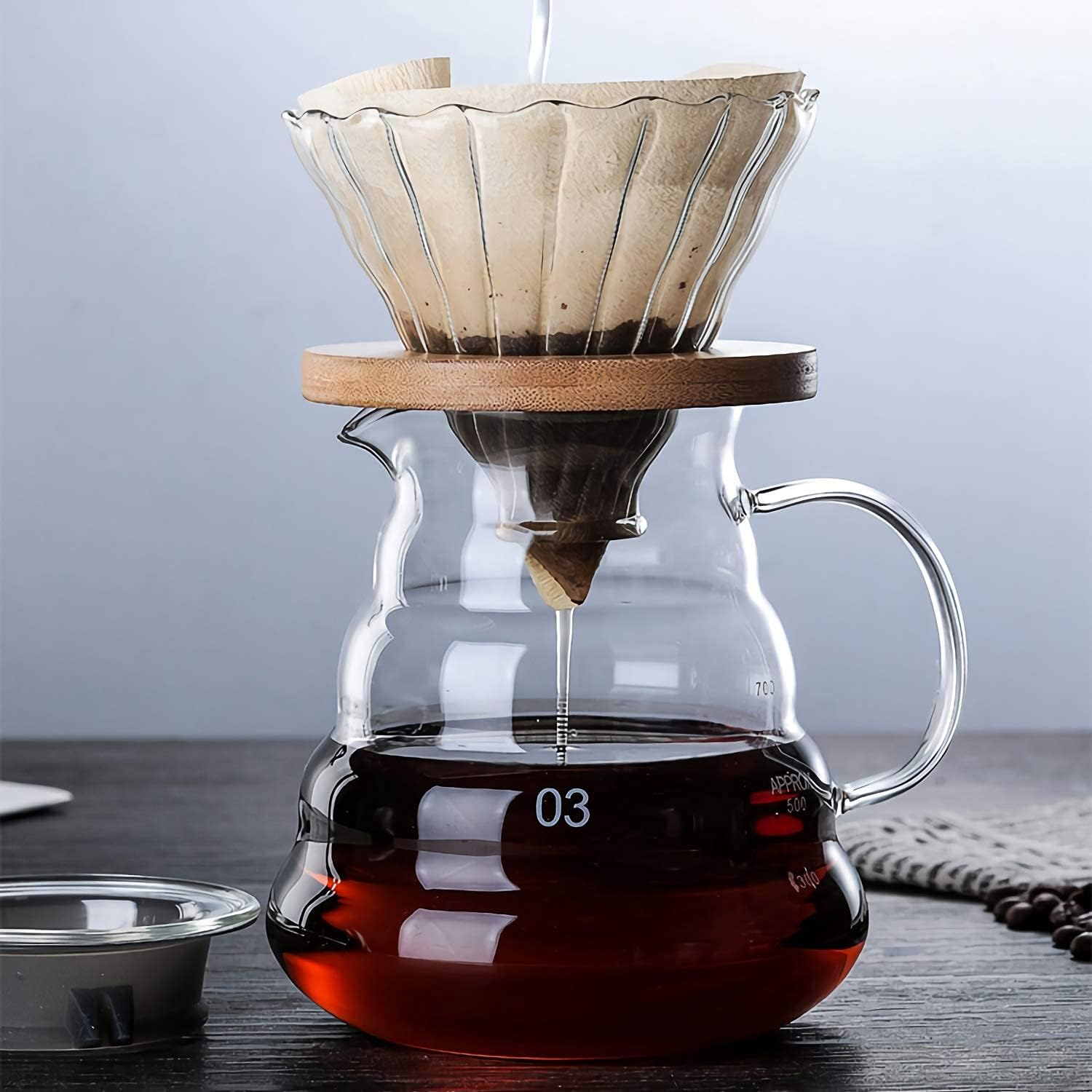 Glass Coffee Dripper, V60 Pour over Coffee Dripper with Bamboo Wood Base, Slow Brewing Accessories for Home Cafe Restaurants, 1-4 Cups image number 2