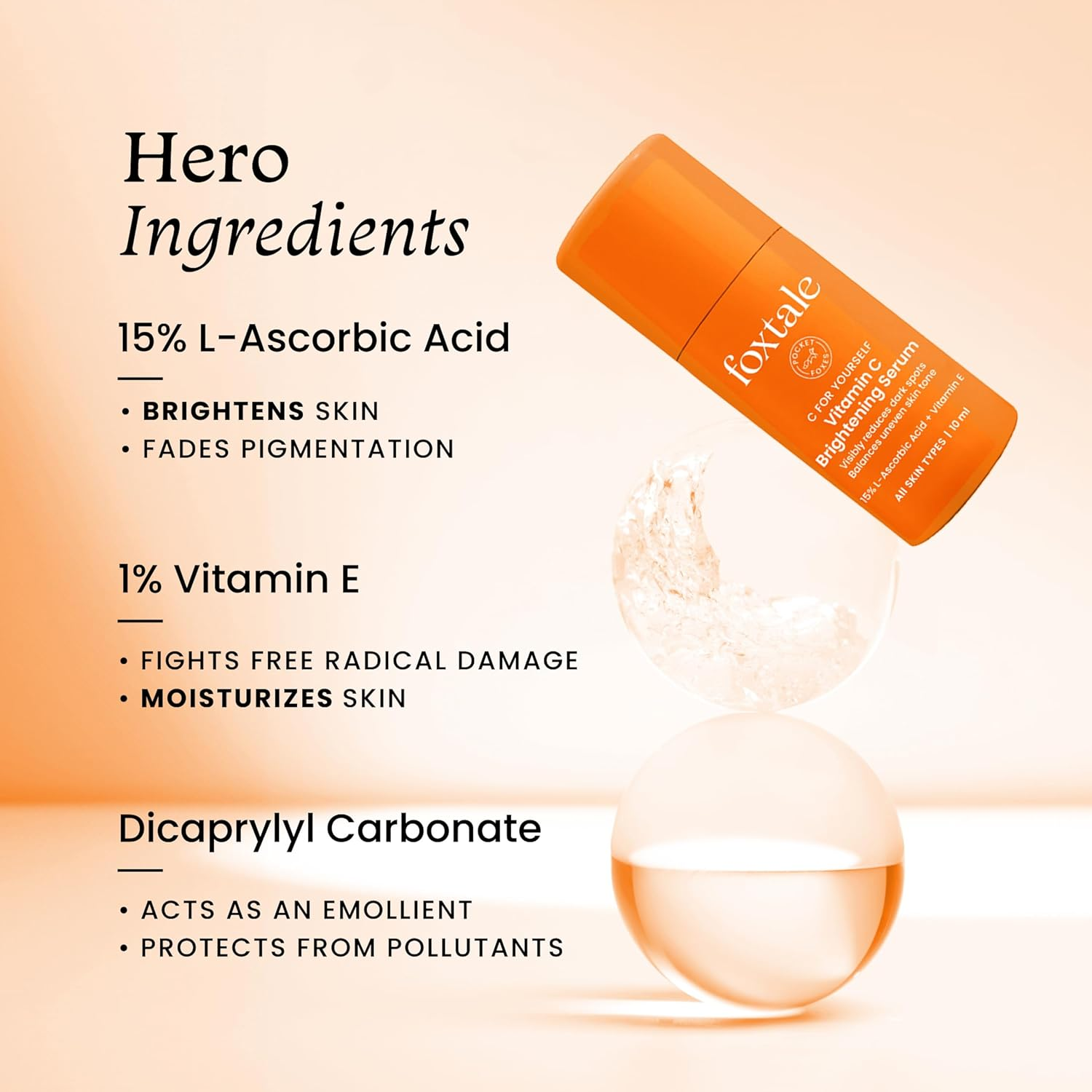 Foxtale 15% Vitamin C Face Serum for Glowing Skin | Pure L-Ascorbic Acid and Vitamin E | Brightening Serum for Dark Spots,Dull Skin,Uneven Skin Tone | All Skin Types | 10 Ml image number 6