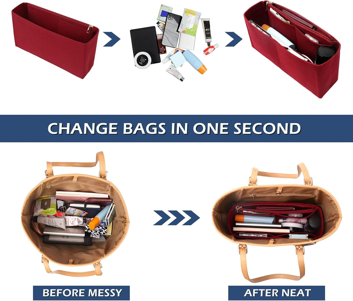 Surblue Purse Organizer Insert for Handbags, Felt Bag Organizer with Zippers Handbag Shaper Pouch for Classic 19 Flap Bag, Marmont, Onthego,（Burgundy, Slender M） image number 1