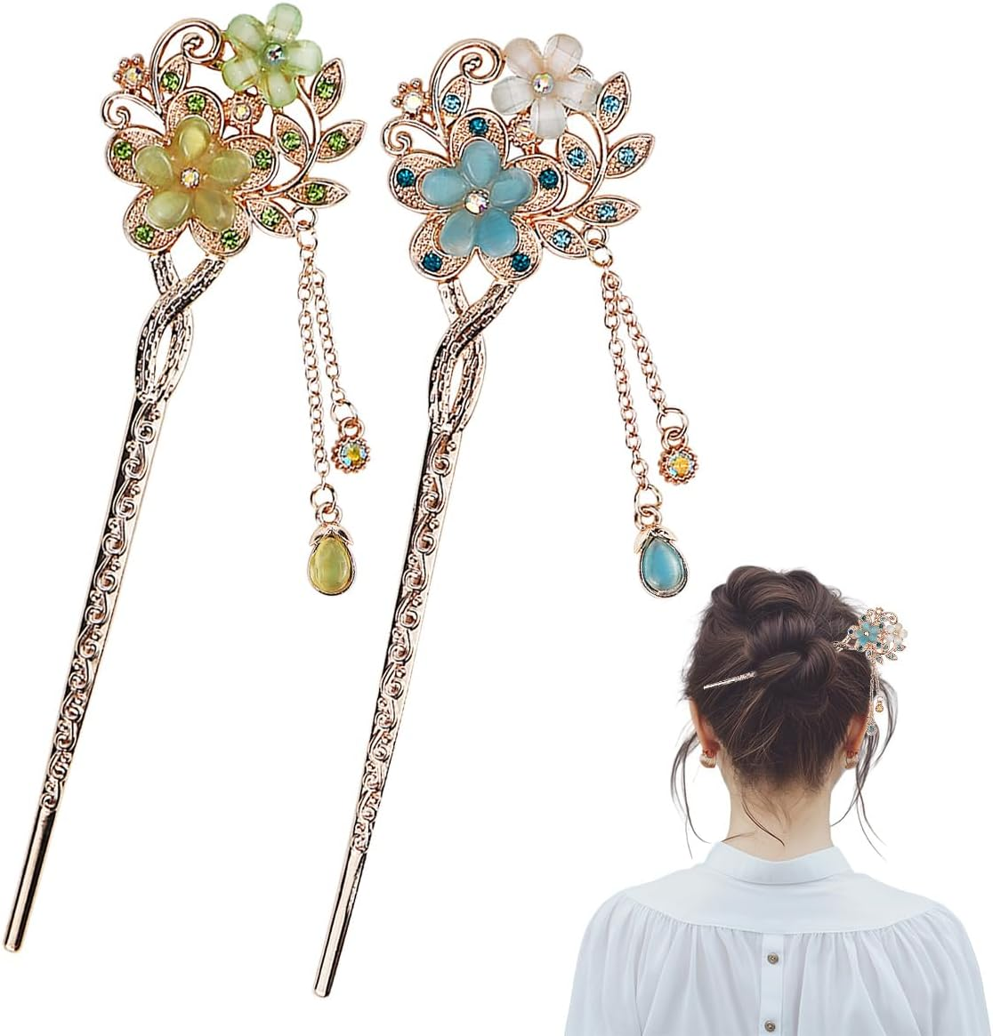 FERCAISH Pack of 2 Metal Opal Flower Hair Sticks, Vintage Hair Stick, Chinese Hair Pins, Elegant Hair Stick, Suitable for Prom, Party, Daily Life (Blue, Green) image number 4