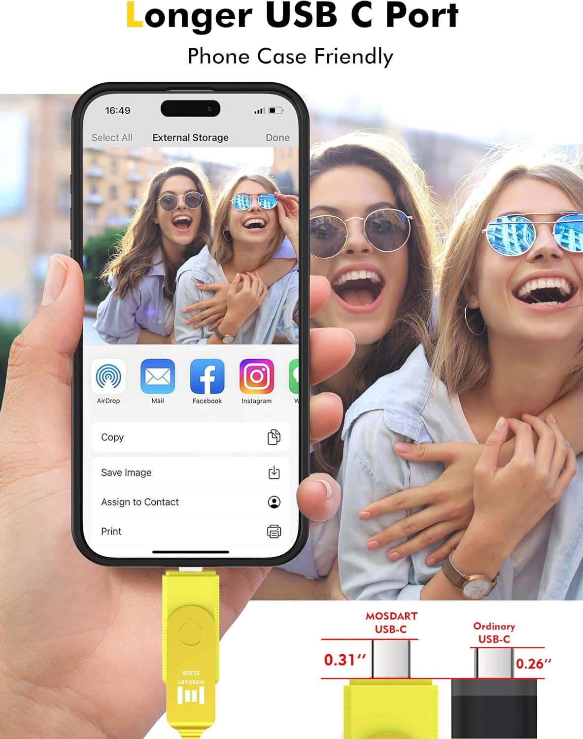 MOSDART 512GB Fast USB C Dual Flash Drive with Keychain - 2 in 1 OTG USB 3.1 Type-C Thumb Drive Memory Stick for USB-C Android Phones, Iphone 15, Macbook, Ipad, Computers and More, Yellow, UD211C-YELLOW-512GB