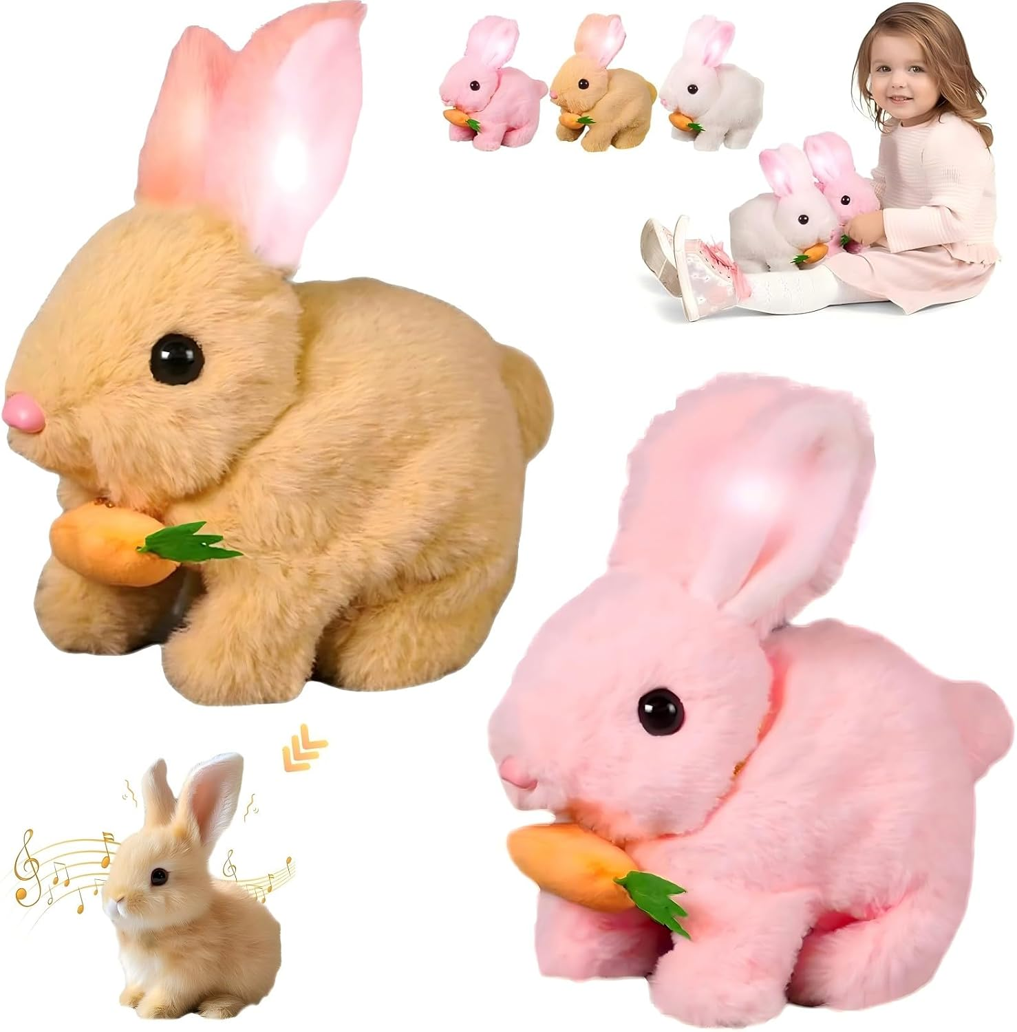 Bunny Toy - 2Pcs Easter My Realistic Bunny Toy, Plush Interactive Rabbit Toys - Can Walk, Talk,Jumping, Twitching, and Shaking Ears, Bunbi Realistic Toys (White & Pink)