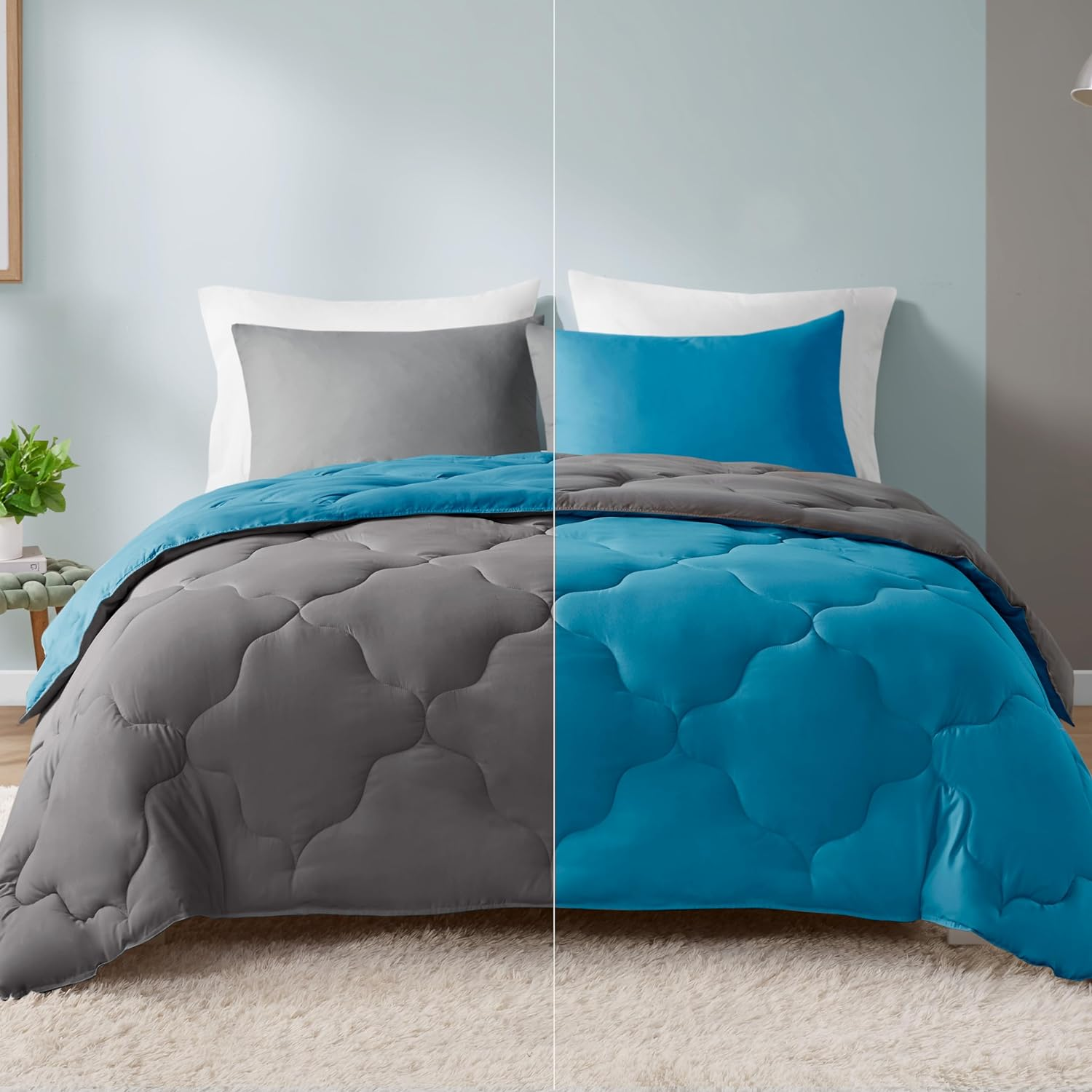 Comfort Spaces Vixie Reversible Comforter Set - Trendy Casual Geometric Quilted Cover, All Season down Alternative Cozy Bedding, Matching Sham, Teal/Charcoal, Full/Queen 3 Piece image number 4