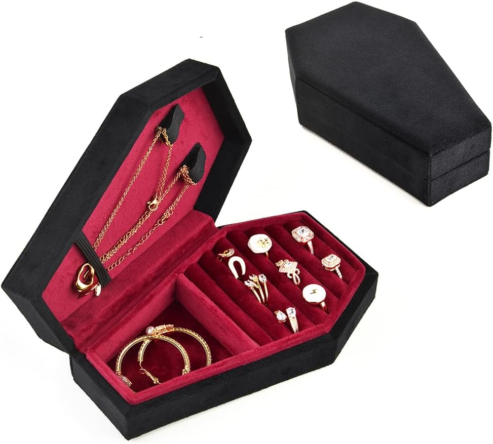 TAIMY Coffin Jewelry Box, Mini Coffin Shaped Gothic Jewelry Case, Plush Velvet Small Jewelry Organizer for Earrings Rings Necklaces Bracelets