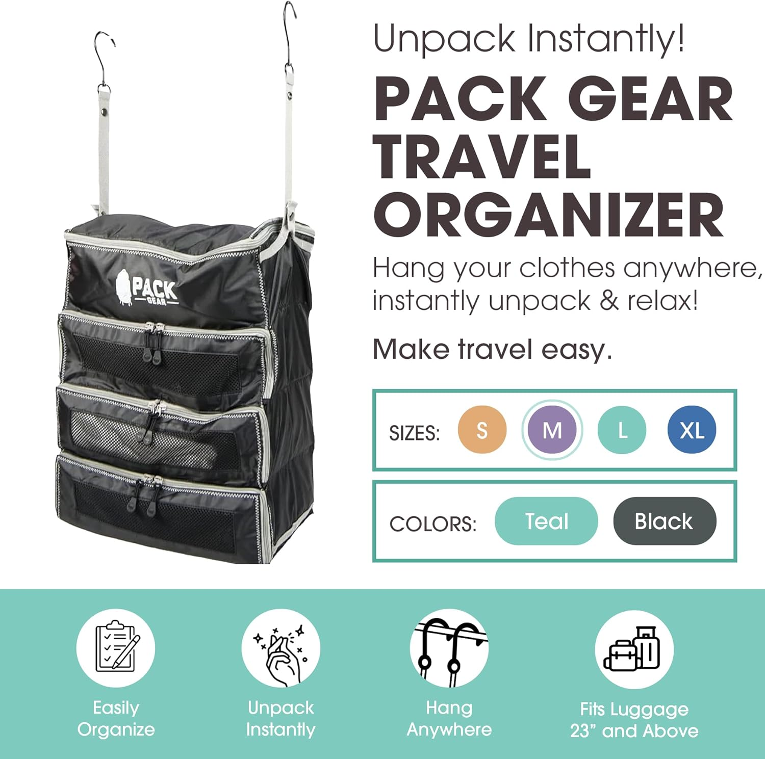 Pack Gear Suitcase Organizer | Pack More in Your Large or Carry on Luggage | Unpack Instantly with These Compression Packing Cubes for Suitcases | Hanging Shelf Organizer for Closet (Black) (Medium) image number 2