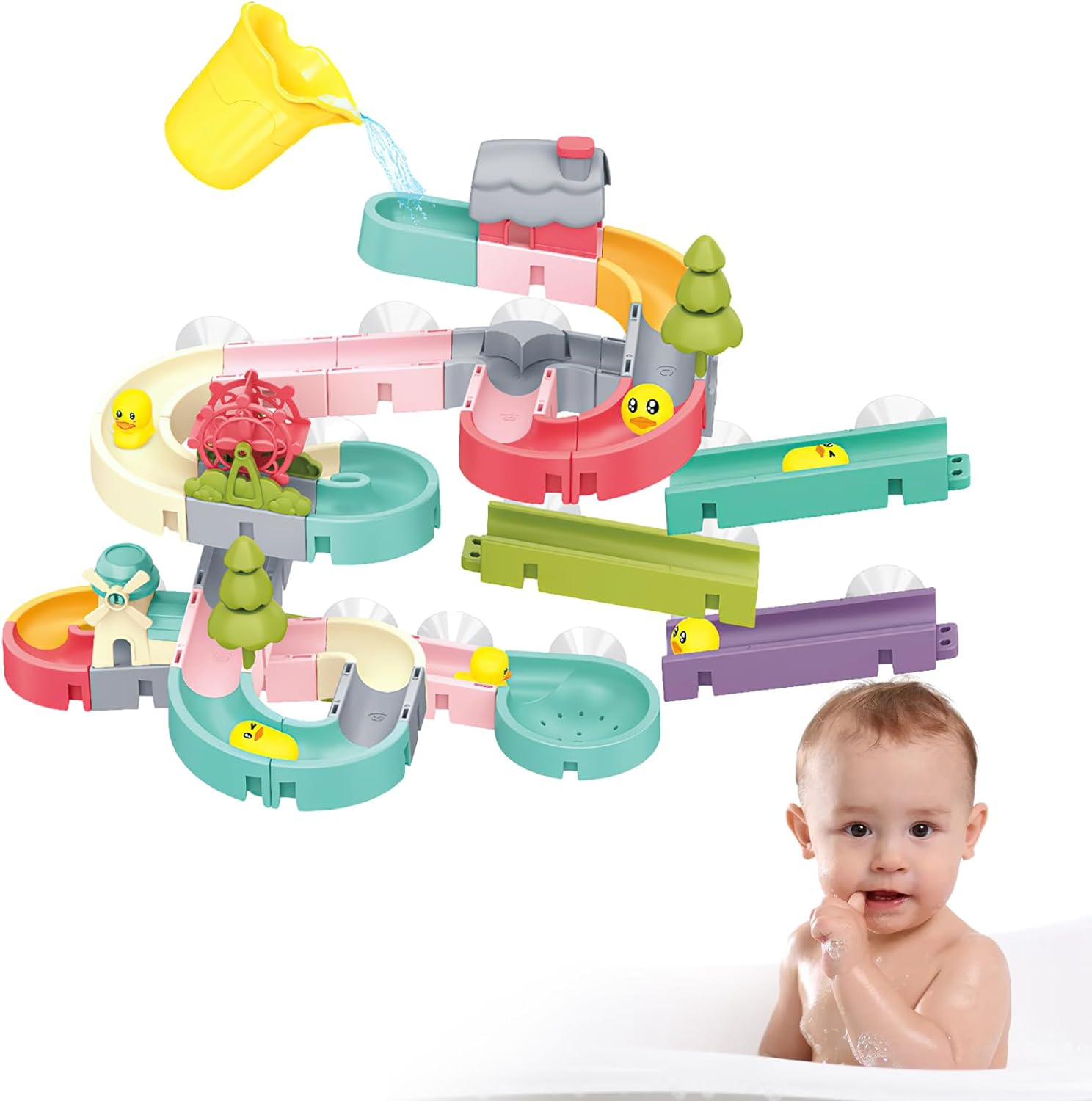Bath Toys - 62Pcs Kids Bath Toys ，Children'S Bath Slide Toy with Suction Cups，Balls Track Game Shower Water Slide ，DIY Educational Bath Watermill Toy for Bathtub Toys for 3 4 5 6 Year Olds Boys Girls image number 2