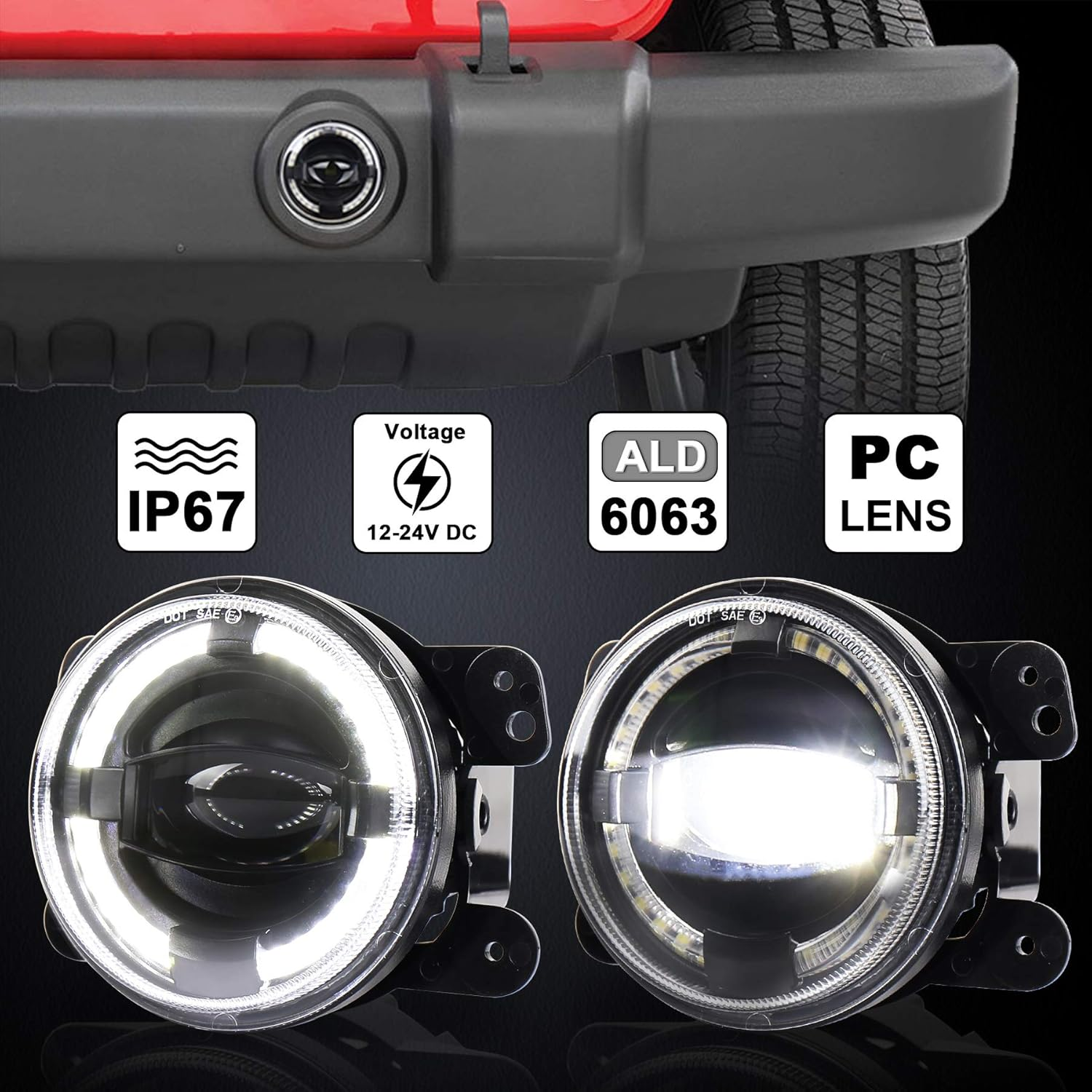 OVOTOR 4Inch LED Fog Lights 20W Fog Lamps with White Halo DRL Front Bumper Driving Fog Lights Compatible with Jeep Wrangler JK Dodge Chrysler image number 6