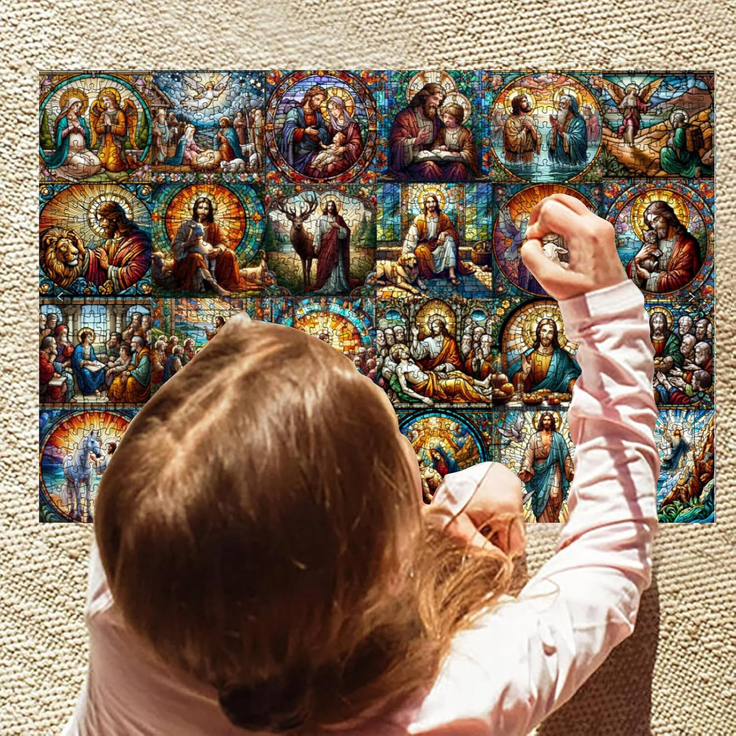 2025 Christmas Puzzle Advent Calendar for Kids Adults 1008 Pieces, Christmas Stained Glass Life of Jesus Jigsaw Puzzles, 24 Days Christmas Countdown Calendar Puzzle as Christmas Decoration image number 1