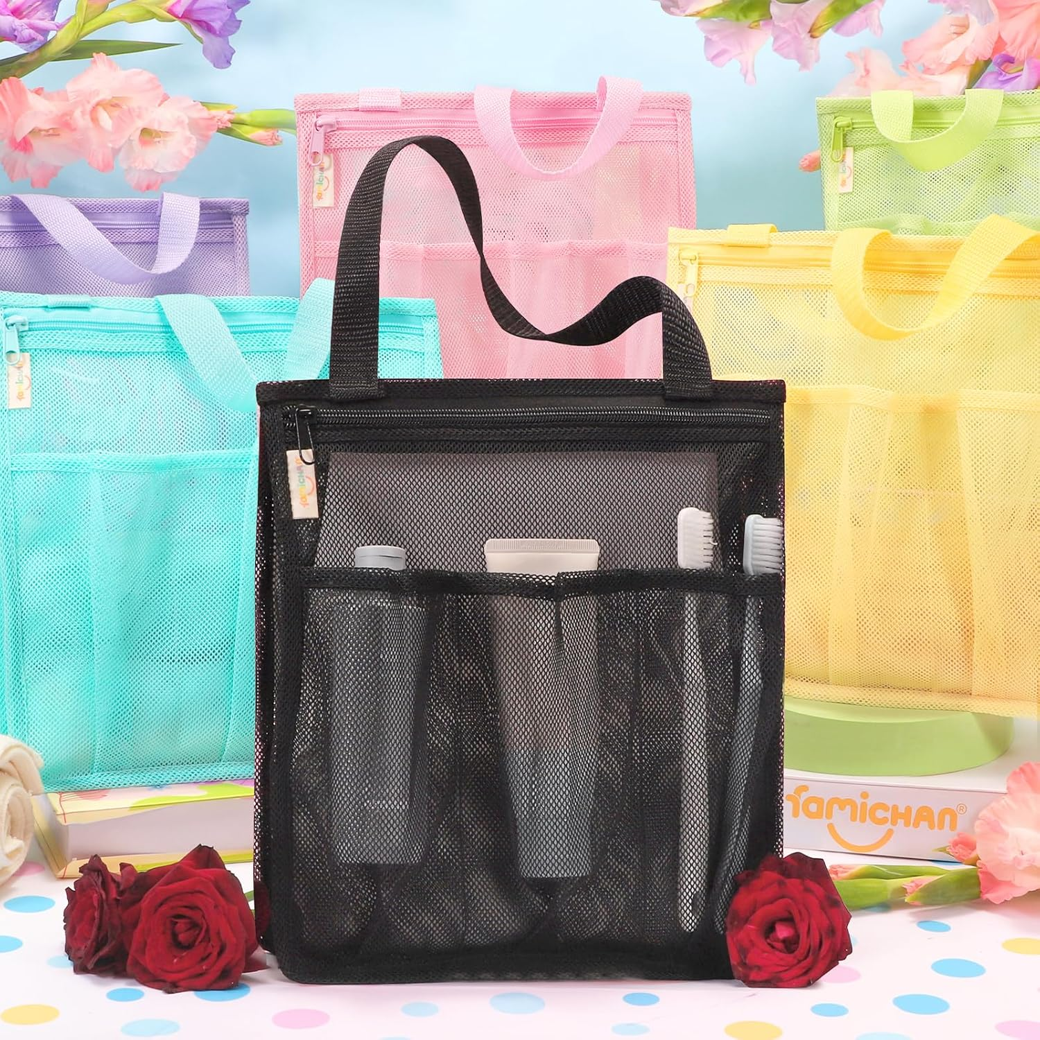 Famichan Portable Mesh Shower Caddy, Gym Travel Camp Dorm Room Essentials for College Student Boy Girl, Bathroom Shower Bag - Black image number 3