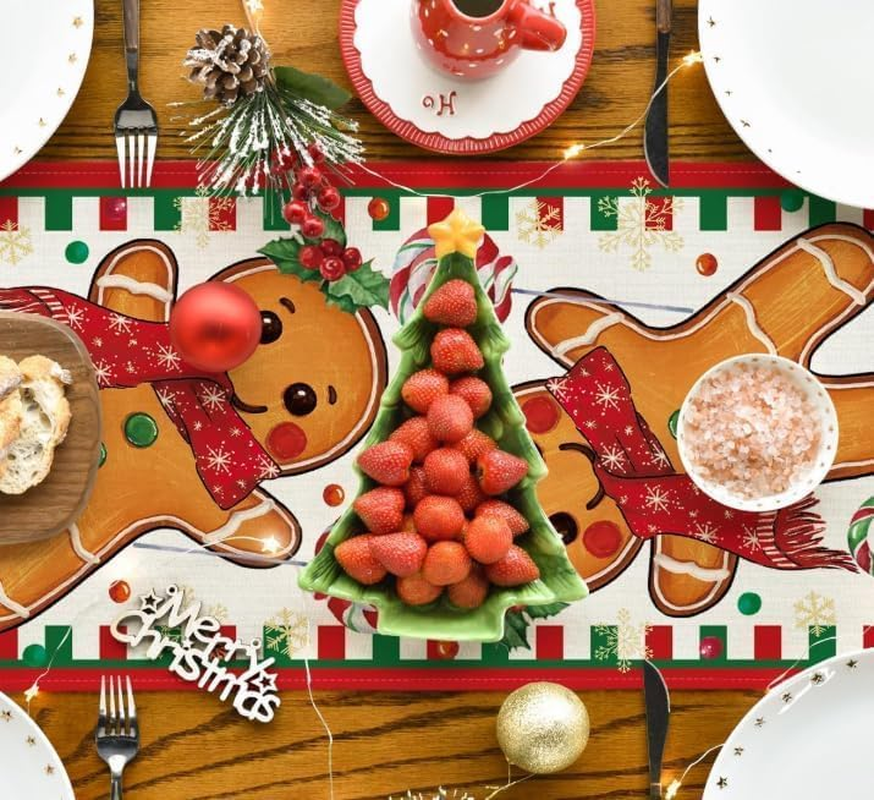 Table Runners Gingerbread Candy Cane Christmas Decor, Winter Kitchen Dining Table Decoration for Home Party 13X72 Inch &ndash; Red image number 3
