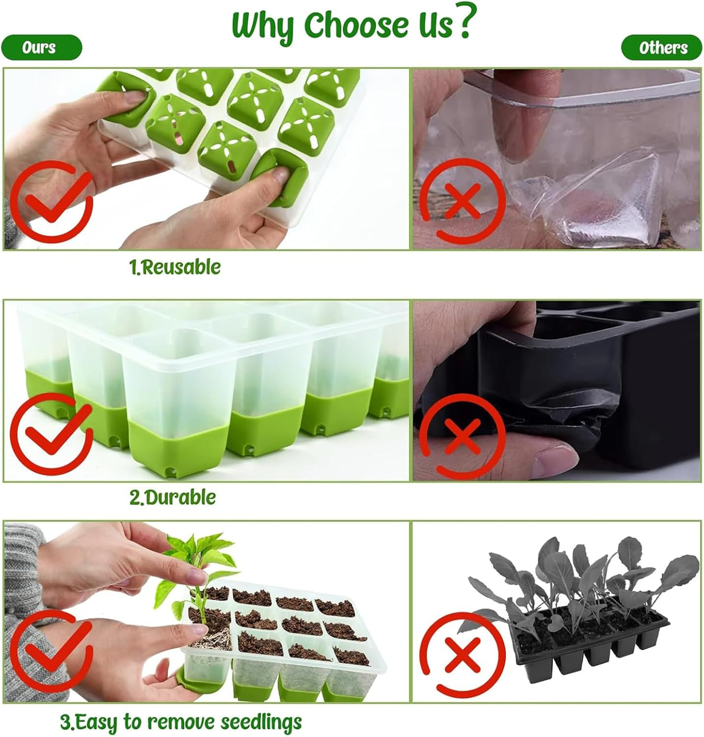 5 Pack Silicone Seedling Starter Trays, Reusable Seed Pots with 12-Cell Flexible Pop-Out Plant Cells, Sprout Trays, Planting Growing Containers for Indoor Gardening & Greenhouse Use image number 4
