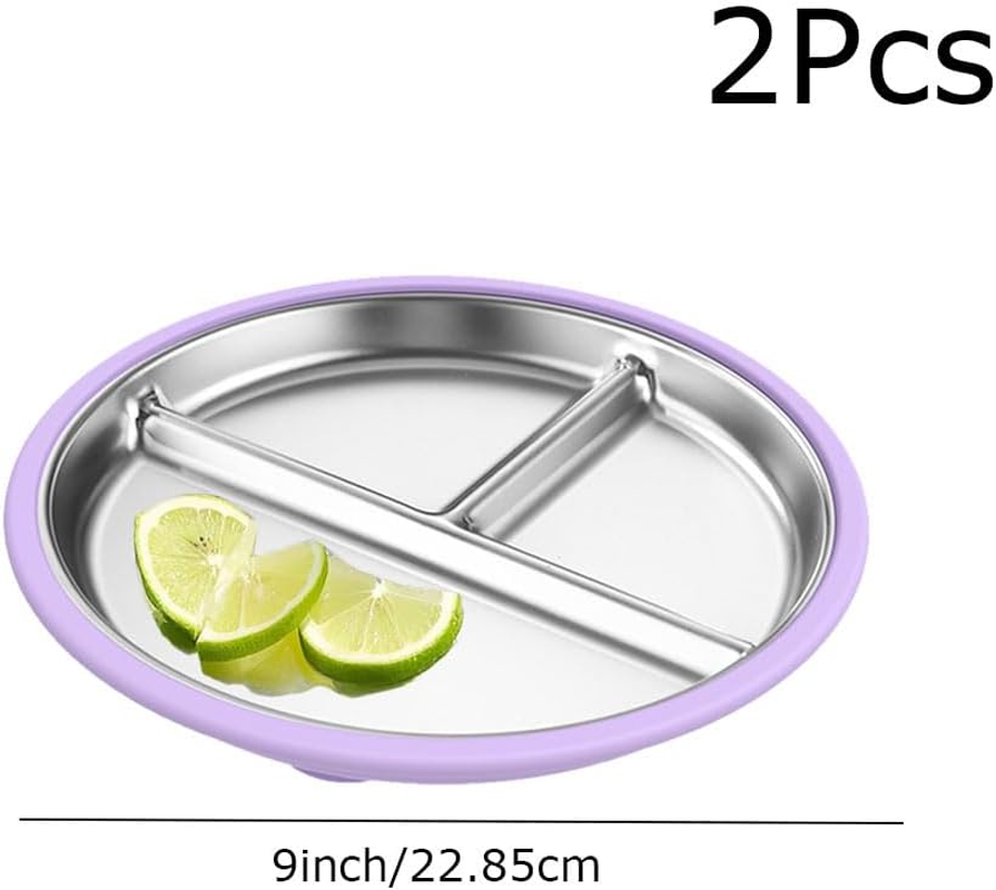 2 Pack Stainless Steel Plates,9" Divided Plates with Removable Silicone Suction,Non Toxic Non Slip Portion Control Snack Dishes,Non-Toxic Non-Slip Unbreakable Dishwasher Safe Dinnerware (Purple Green) image number 1