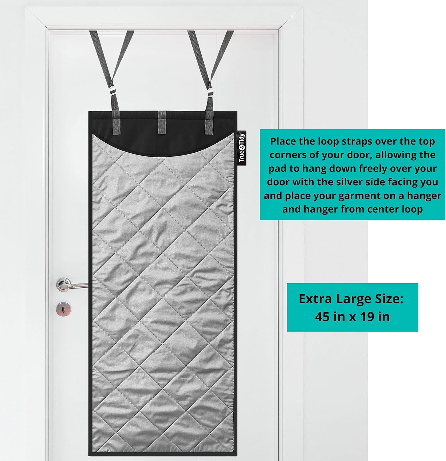 True & Tidy XL over the Door Protective Clothes Steamer Pad, Ironing and Press Pad, Helps Protect Surfaces While Garment Steaming, with 3 Hanger Hooks image number 2