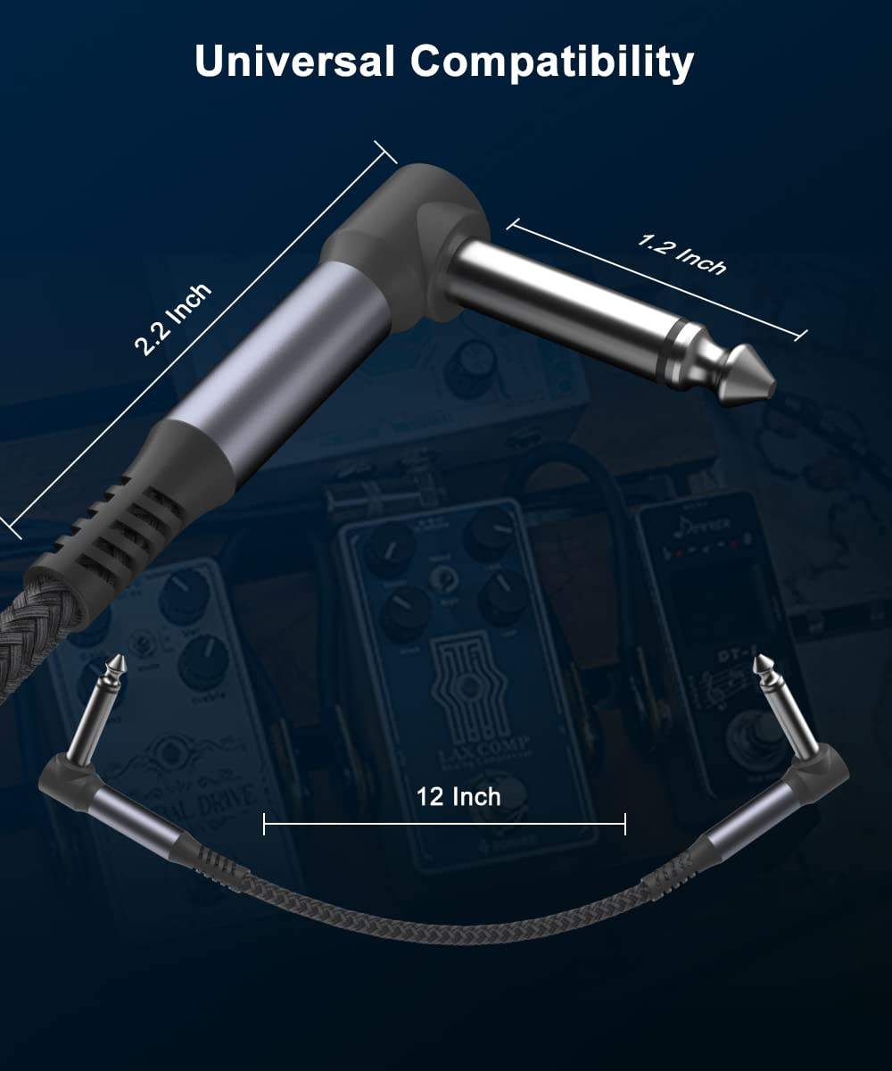 RUXELY Guitar Patch Cables 30CM 6-Pack,6.35Mm Effects Pedal Board Cord,Nylon Braided 1/4" Right-Angle Instrument Audio Cable,Pedalboard Connector TS Copper Wire for Amp/Amplifier,Mixer,Electric Bass image number 2