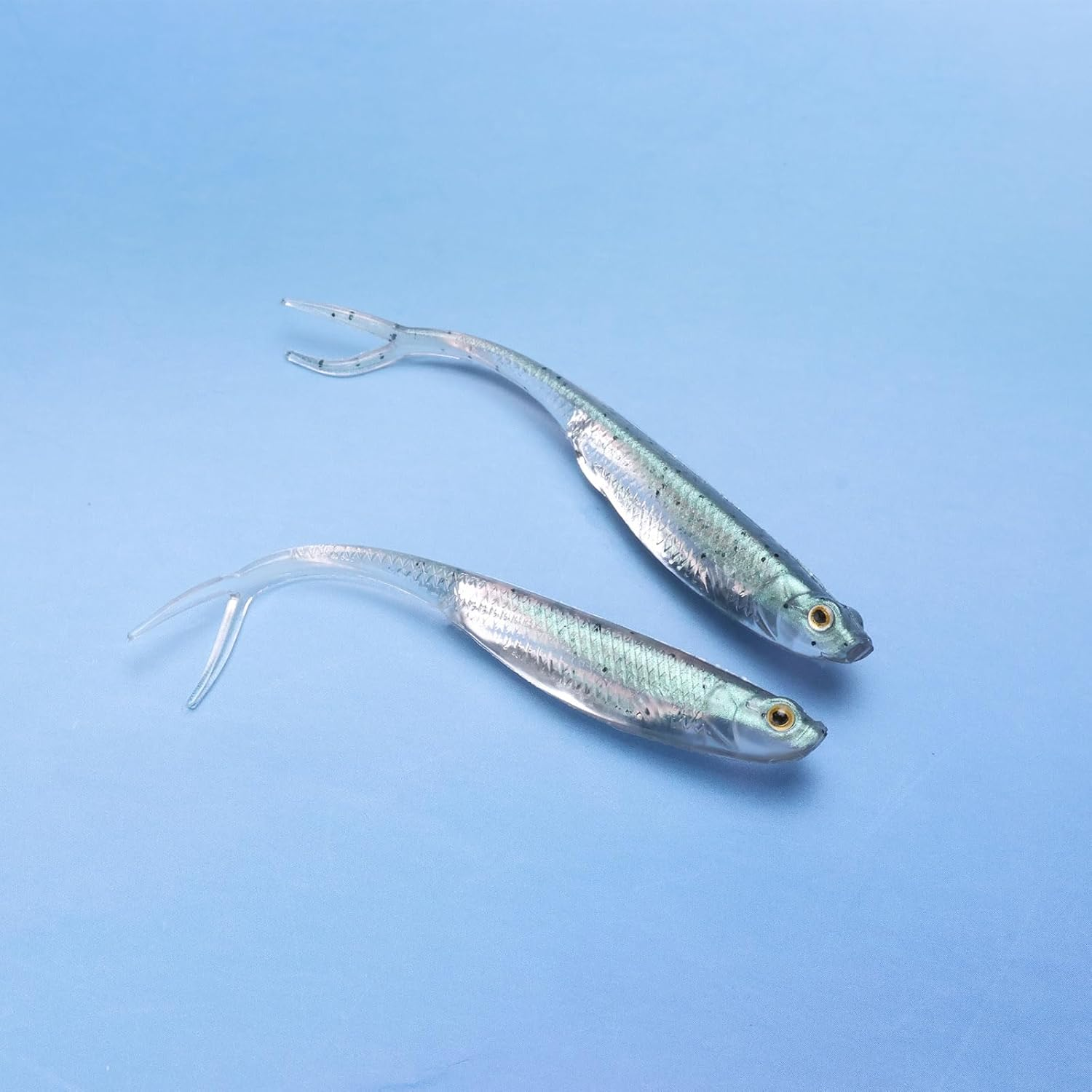 6Pcs 7.5Cm Shadow Silicone Soft Fishing Bait Fork Tail Reflective Fishing Bait for Saltwater and Freshwater Sea Bass and Mandarin Fish Green Silver image number 1