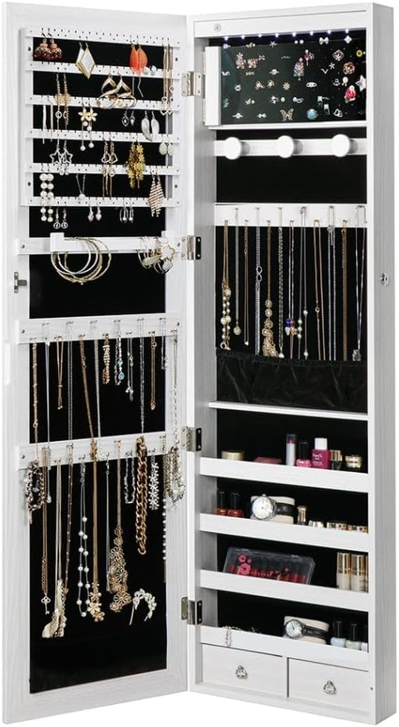 LEVEDE LED Lights Jewelry Cabinet Armoire, Lockable Jewelry Storage Organizer with Full Length Mirror, Wall/Door Mounted Dressing Mirror for Bedroom, Bathroom, Living Room (37 X 10 X 120Cm, White) image number 4