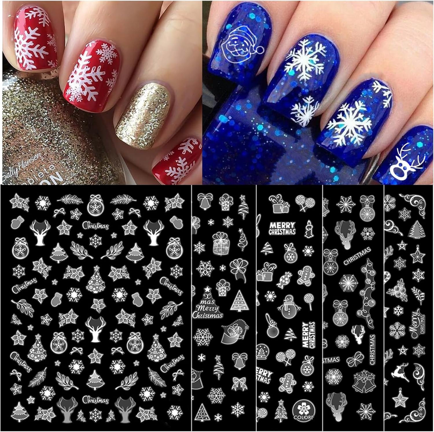 Tailaimei Christmas Nail Art Stickers Decals, Self-Adhesive White Nail Decorations Design for Santa Claus Snowflake Snowman (800 Pcs, 9Sheets) image number 1