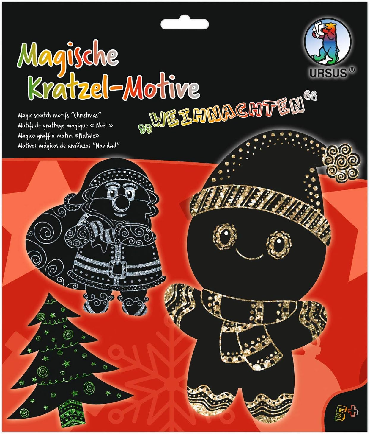 Ursus 24540004F - Magic Scratching Motifs Christmas, Black, with Rainbow Effect, 6 Sheets 250 G/M&sup2;, Includes 1 Bamboo Pen, Sticker Eyes and Scratching Instructions, Ideal as a Gift, Colourful image number 2