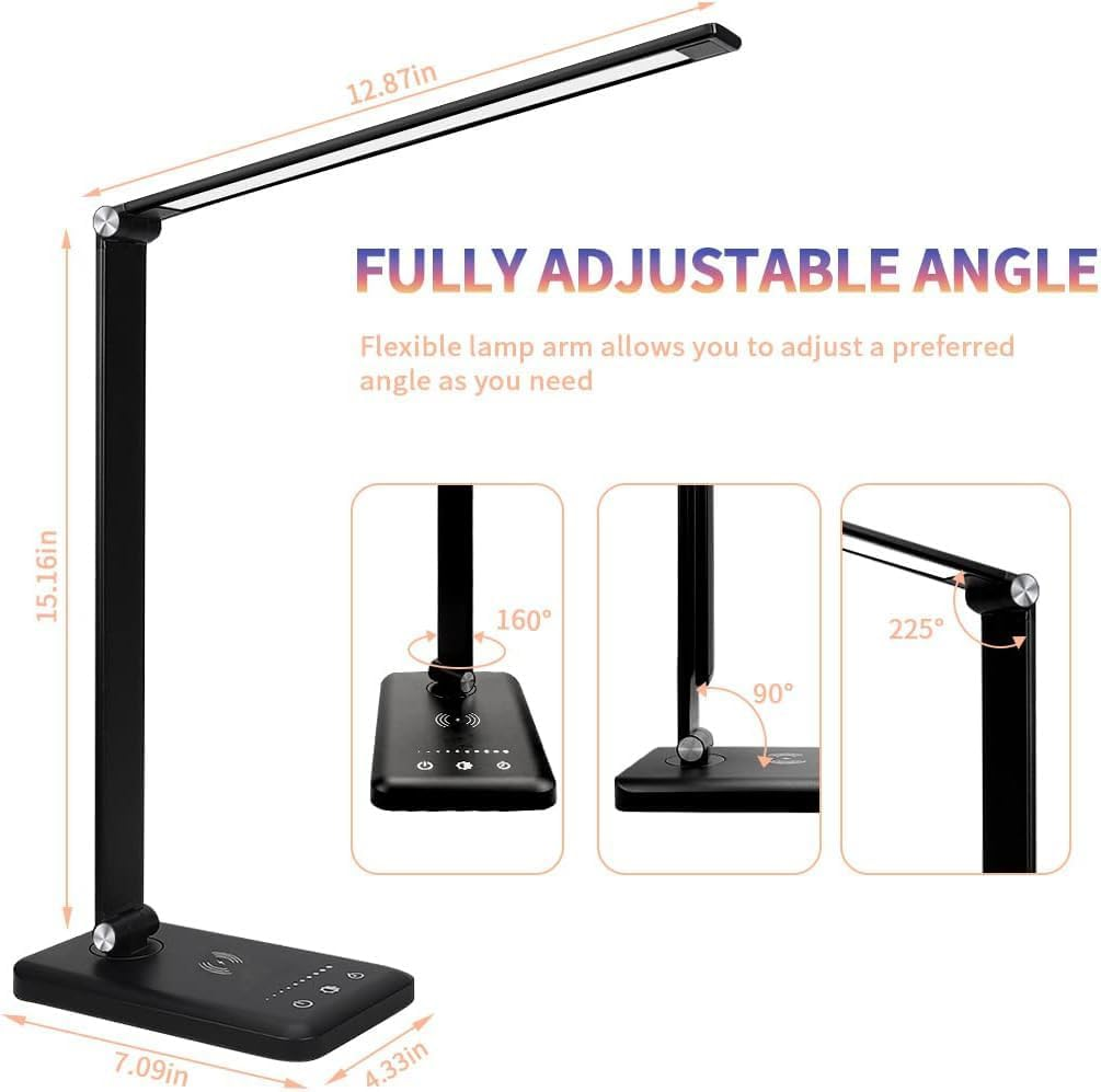 Lylilidy LED Desk Lamp with Wireless Charger & Plug, Table Lamp with 10 Brightness, 5 Lighting Colors, Dimmable Eye-Caring Desk Lamps for Home Office, Touch Control, 30/60Min Auto Timer image number 2