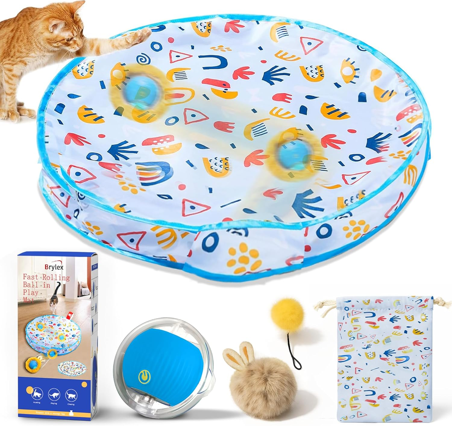 'Brylex Interactive Cat Toys, Motion-Activated Rolling Ball with Play Mat, Automatic Hide-And-Seek Game, Fast & Slow Modes, USB Rechargeable Cat Enrichment Toy, 28'' Play Mat'
