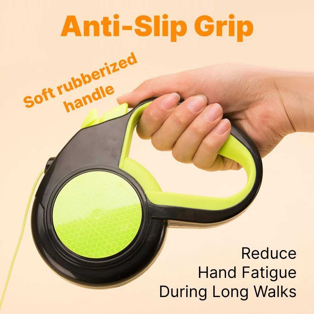 Reflective Retractable Dog Leash &ndash; 5M Extendable Lead with Quick-Lock Brake, Tangle-Free Nylon Tape & Soft Anti-Slip Handle for Night Walking (Orange)