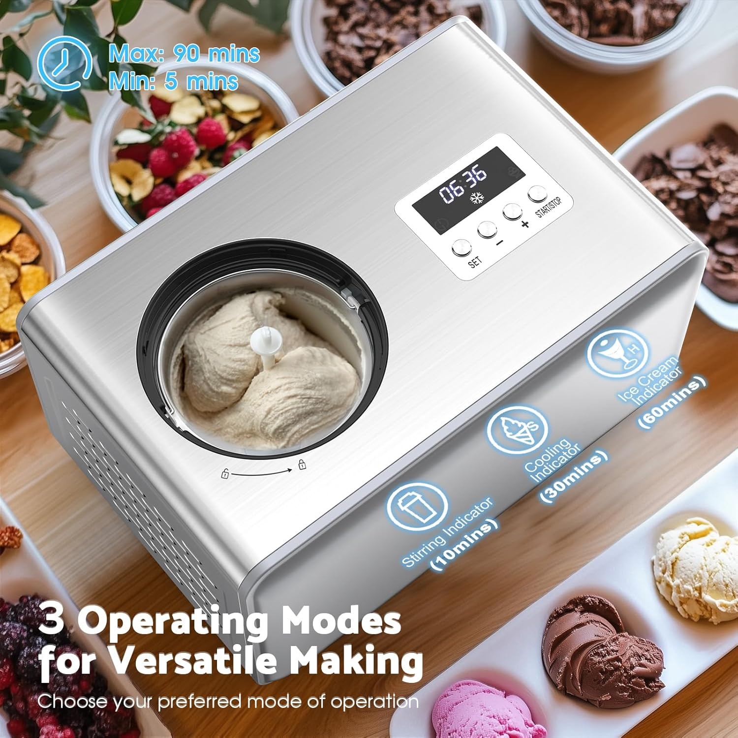 Advwin Ice Cream Maker with Built-In Compressor, 2L Frozen Yogurt & Gelato Machine, Sorbet Maker with LCD Display, 3 Modes, 2-Hour Keep Cool Function image number 5